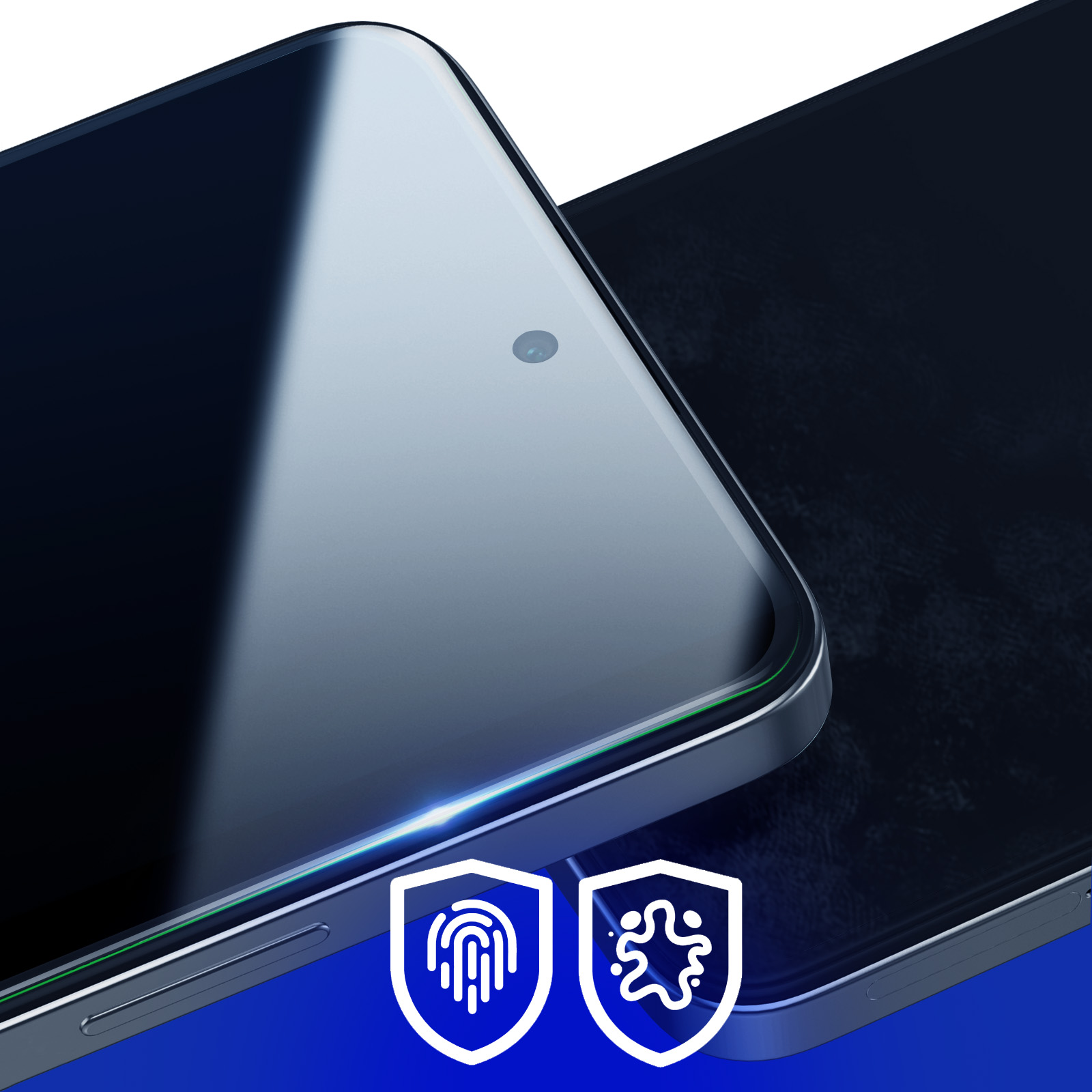 Primo piano di due smartphone con protezioni schermo. Un telefono è a fuoco, mostrando fotocamera e superficie lucida. Due scudi in basso.