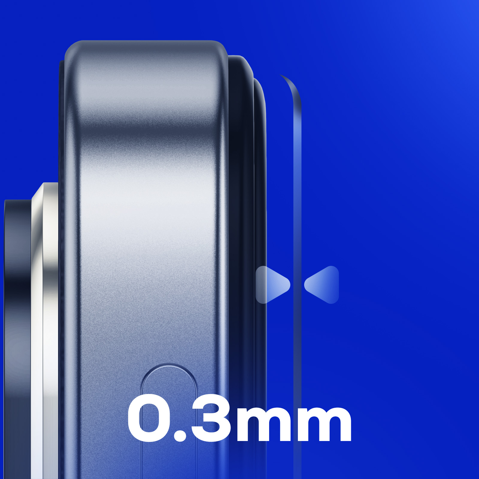 Primo piano del lato di un telefono e il testo '0,3mm'. Lo sfondo è blu con frecce che indicano lo spessore.