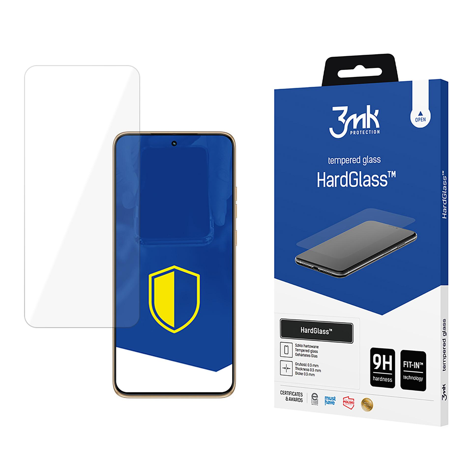 Un proteggi schermo e una scatola con il telefono. La scatola riporta HardGlass e mostra il logo 3mk.