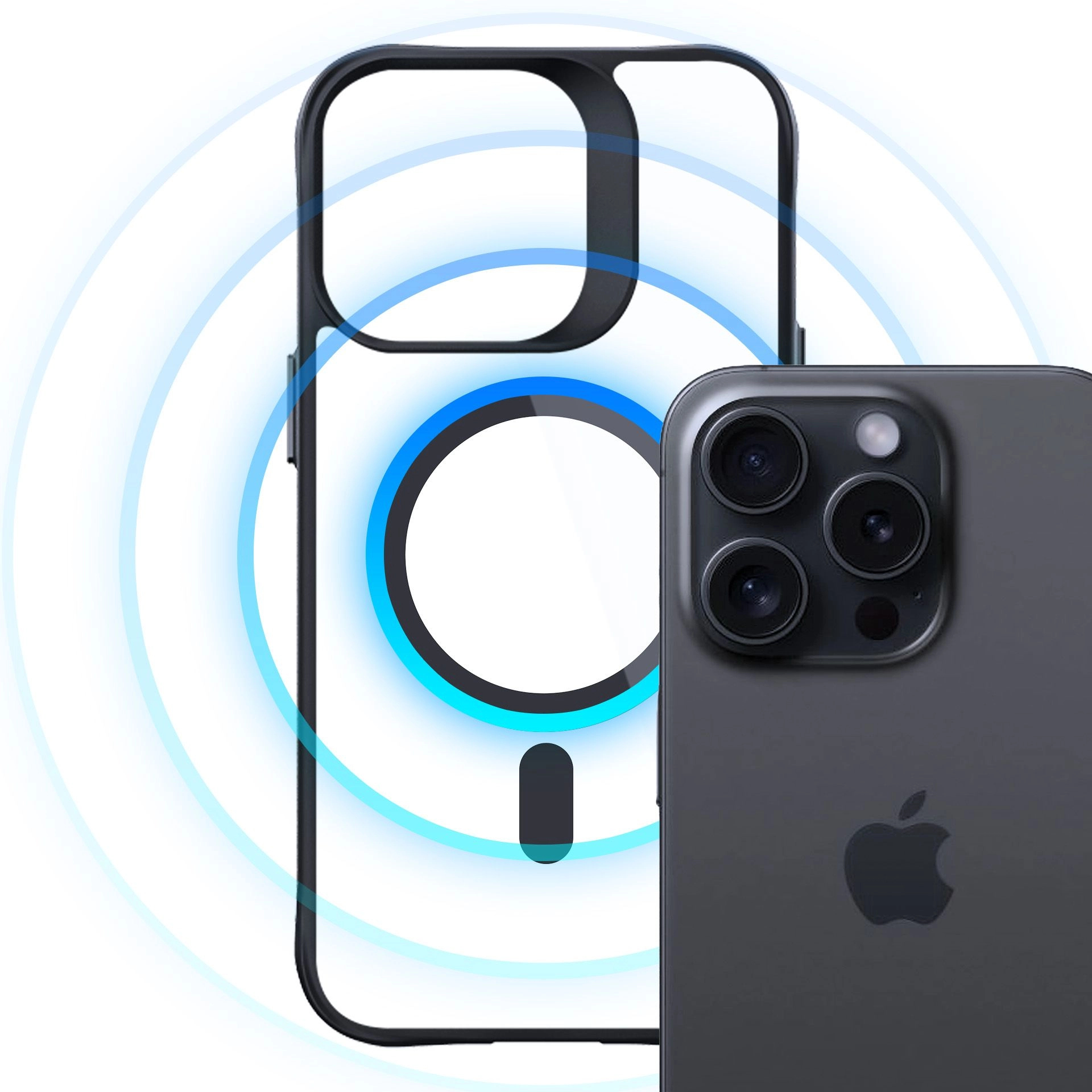 Un iPhone nero con una custodia, che mostra le lenti della fotocamera. Un cerchio e linee blu luminose sulla custodia.