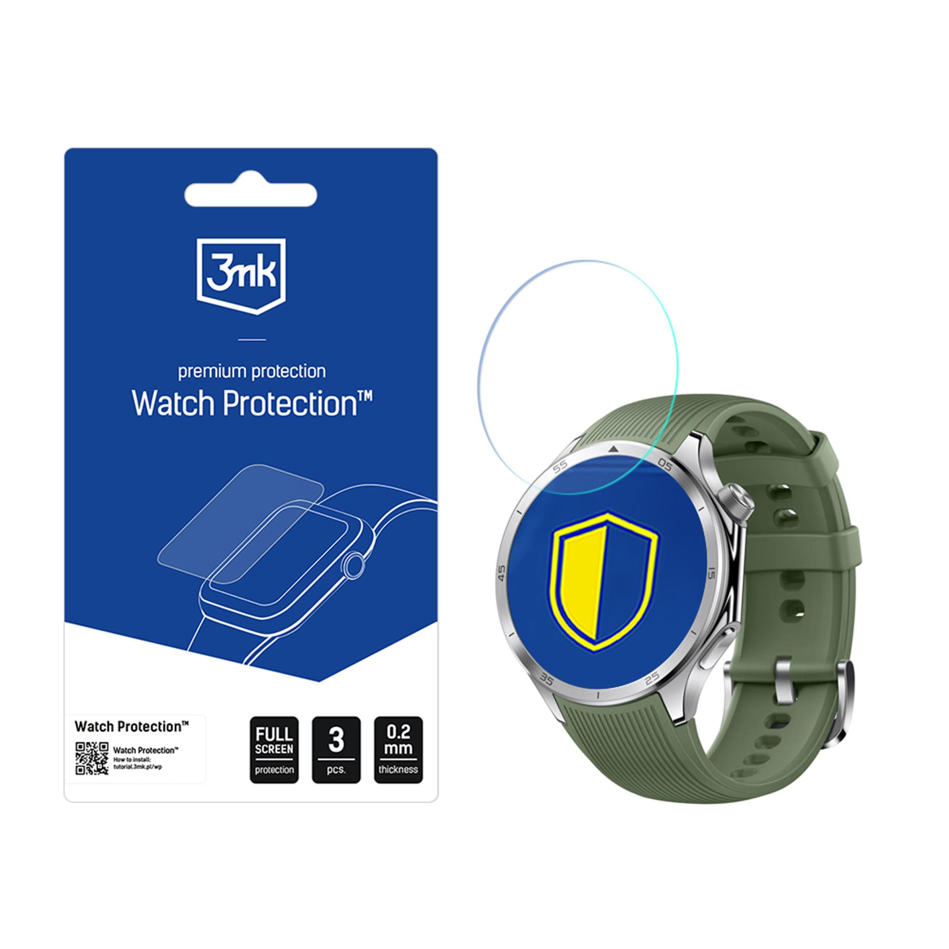 Un pacchetto blu con protezione per orologio. Uno smartwatch verde con un logo scudo sul lato destro.