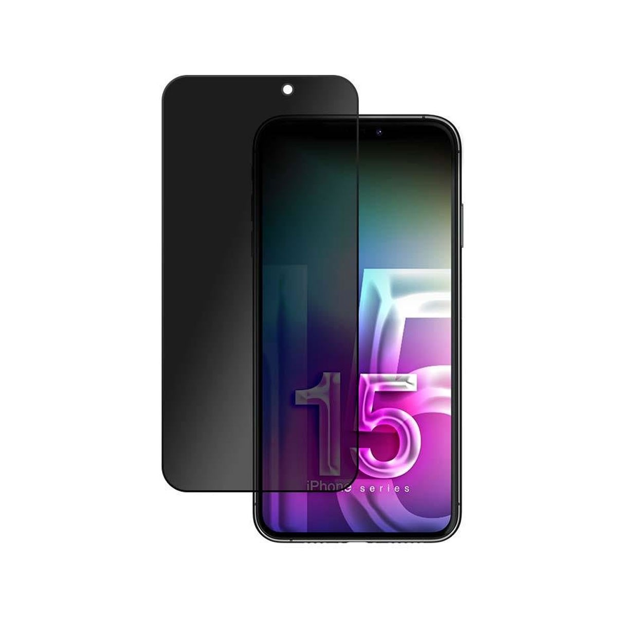 Telefon z ochroną ekranu. Ekran wyświetla '15' i 'iPhone series'.