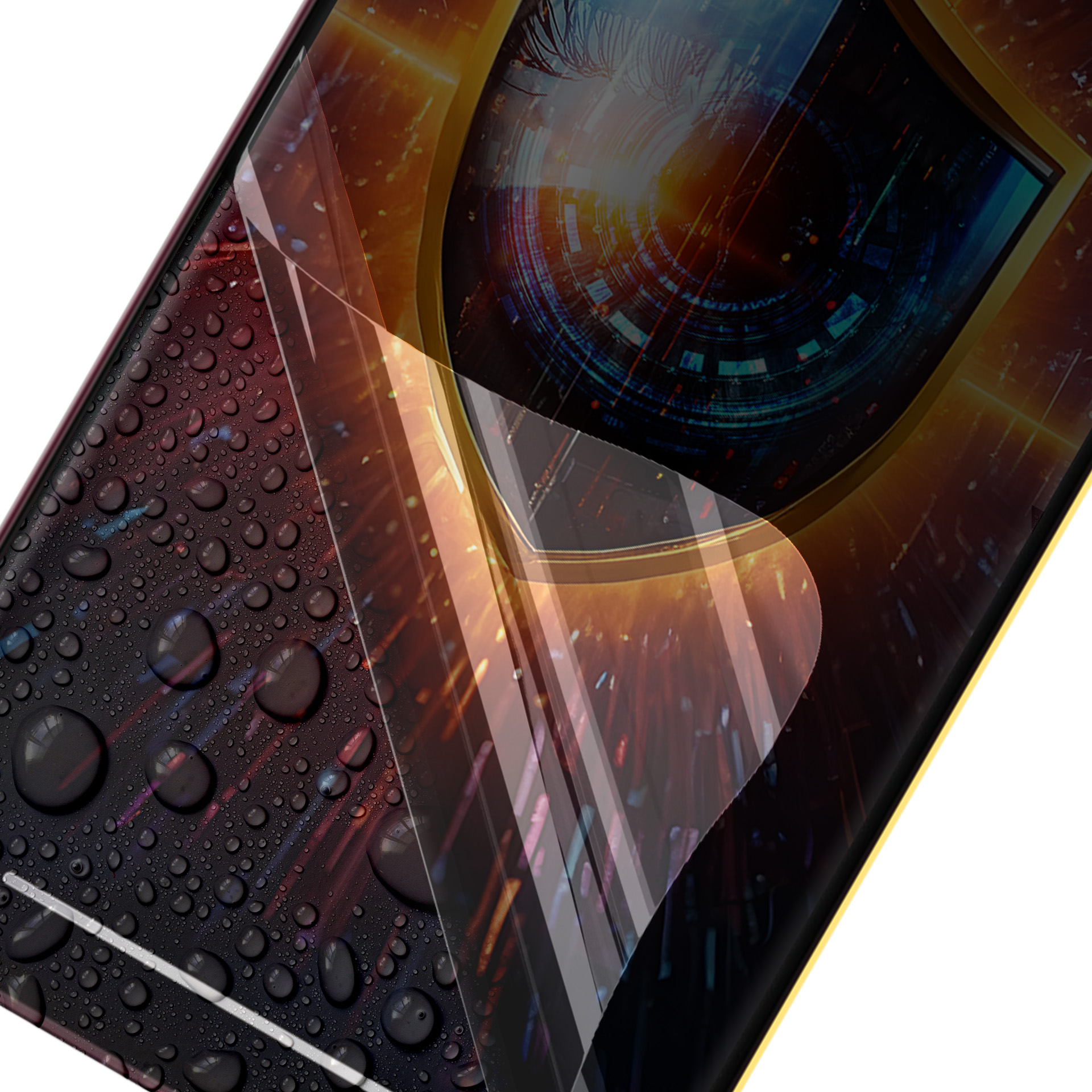 Smartfon z kroplami wody na ekranie. Zastosowano folię ochronną. Tło ma futurystyczny wzór oka.