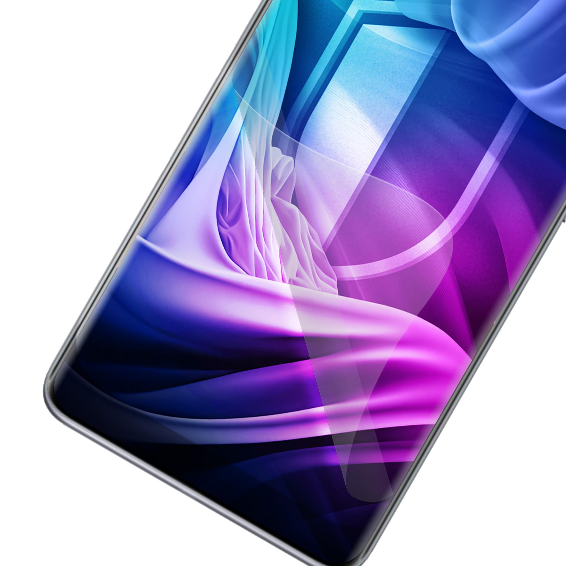 Zakrzywiony telefon pokazuje abstrakcyjny wzór w kolorach fioletowym, niebieskim i białym. Tło jest białe.