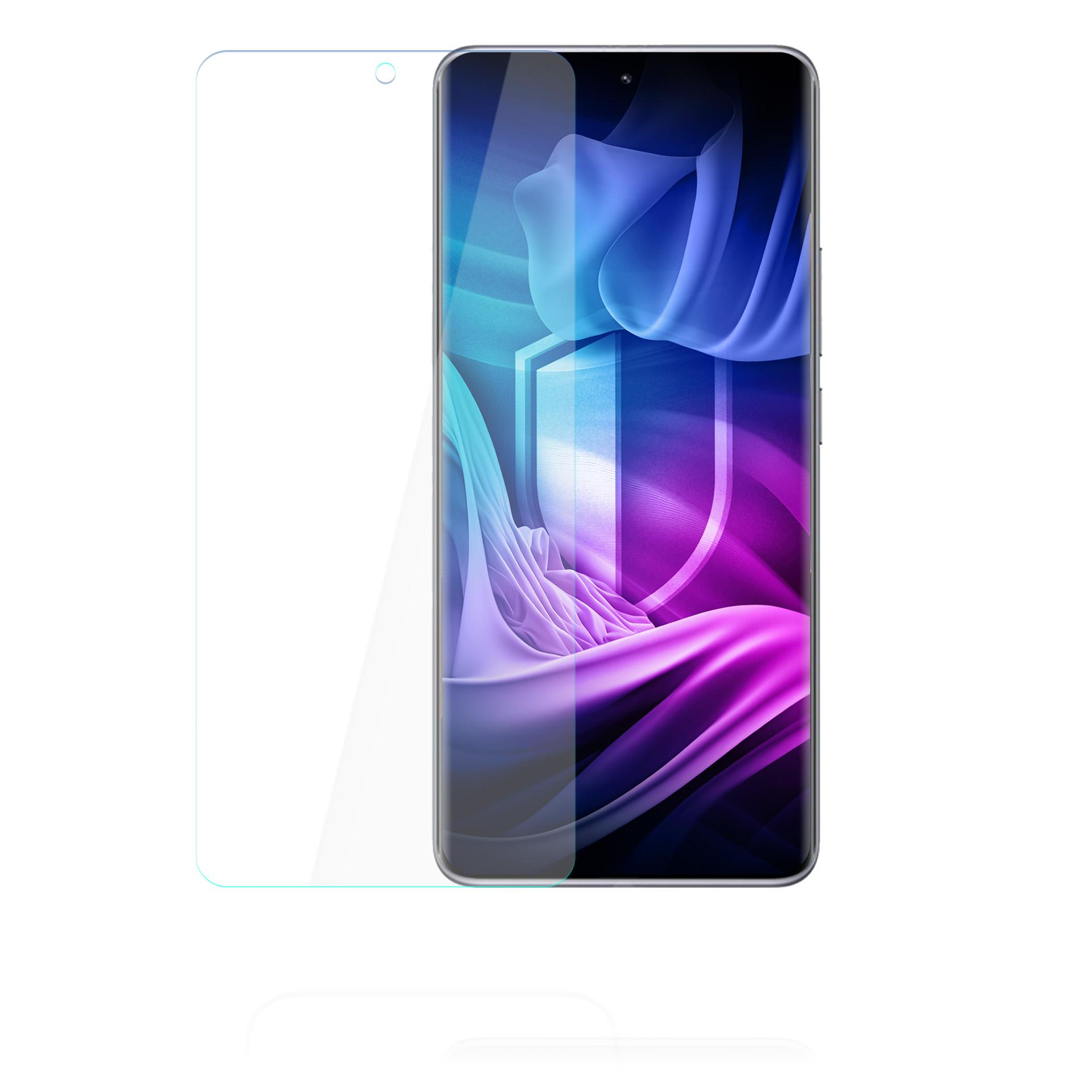 Smartfon z nałożoną ochroną ekranu. Ekran wyświetla kolorowy, abstrakcyjny wzór. Ochrona jest przezroczysta.