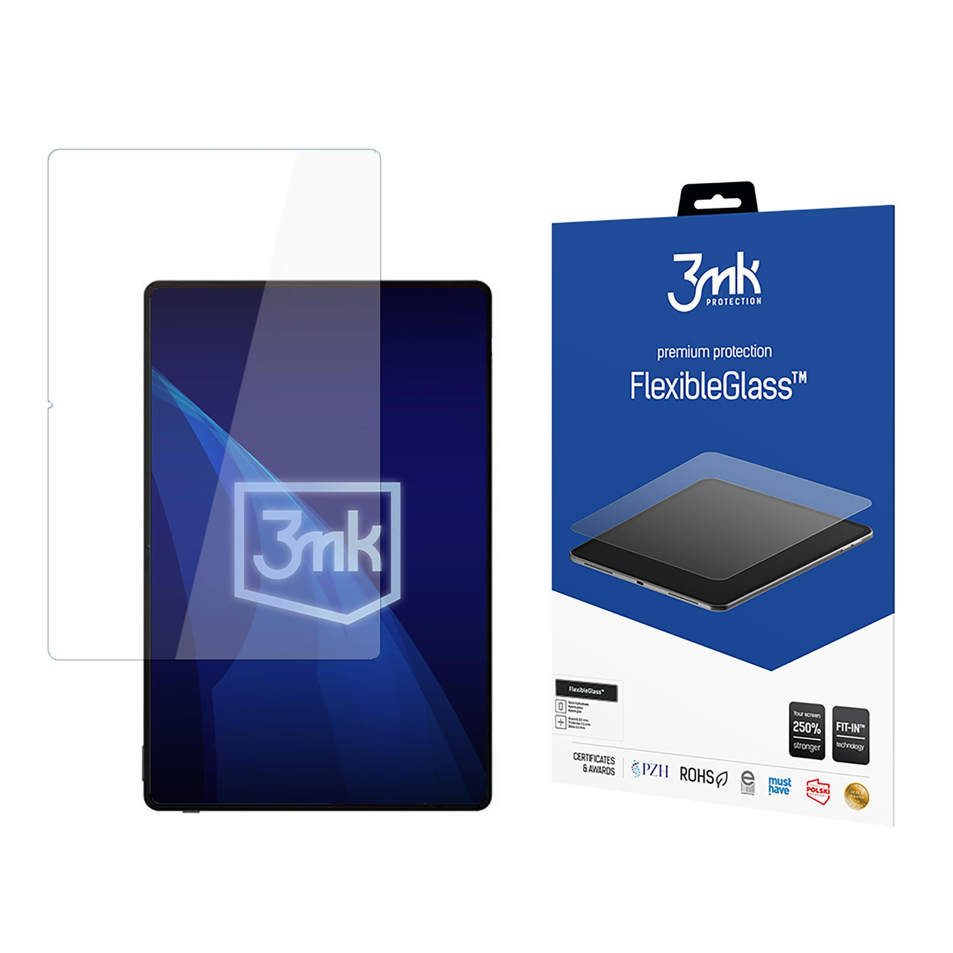 Tablet z ochraniaczem ekranu i opakowaniem. Opakowanie wyświetla nazwę produktu i cechy.