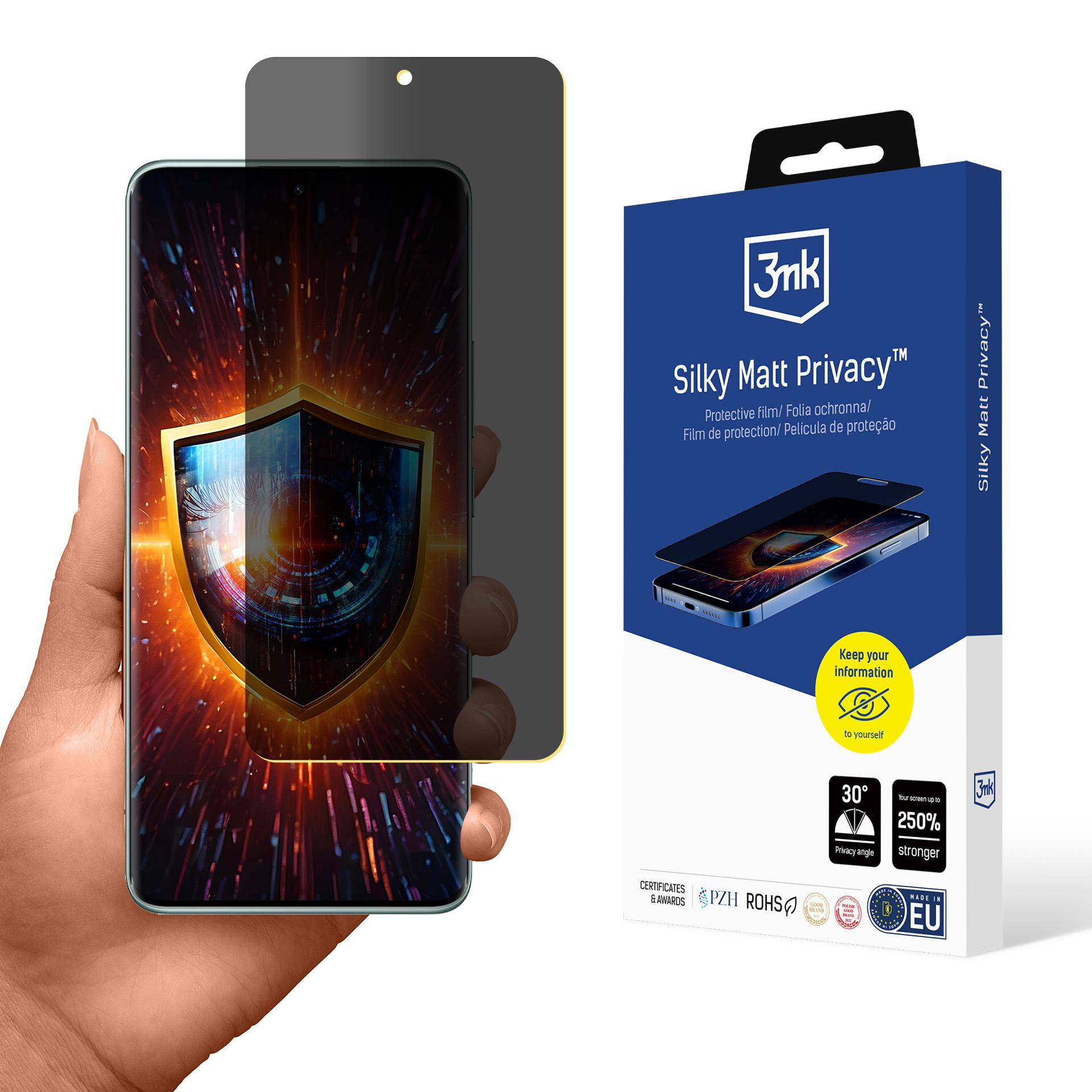 Dłoń trzyma telefon z ekranem chroniącym prywatność, obok pudełka z nazwą produktu i funkcjami.