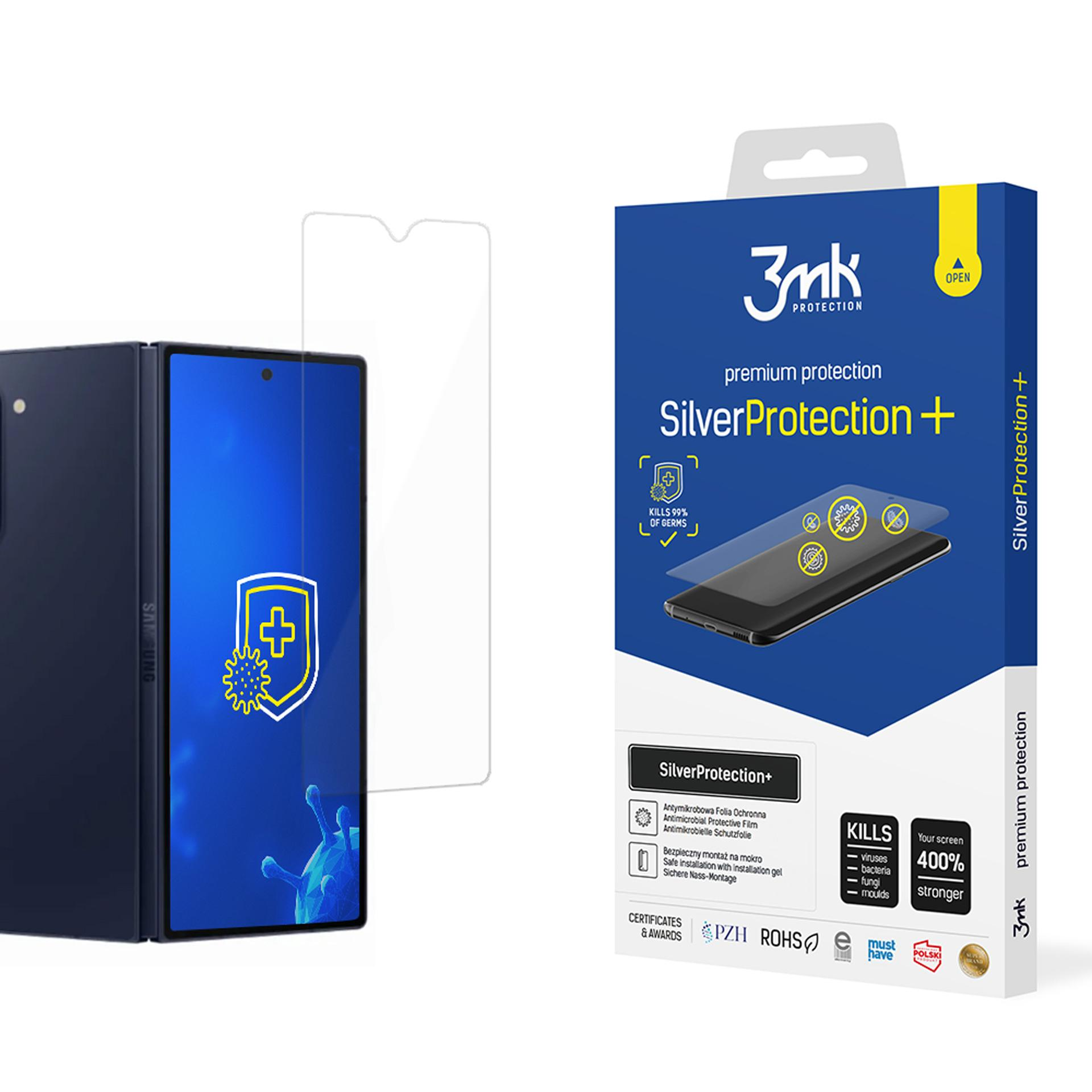 Un telefono, una scatola per protezione schermo e una pellicola protettiva su sfondo bianco. La scatola dice SilverProtection+.