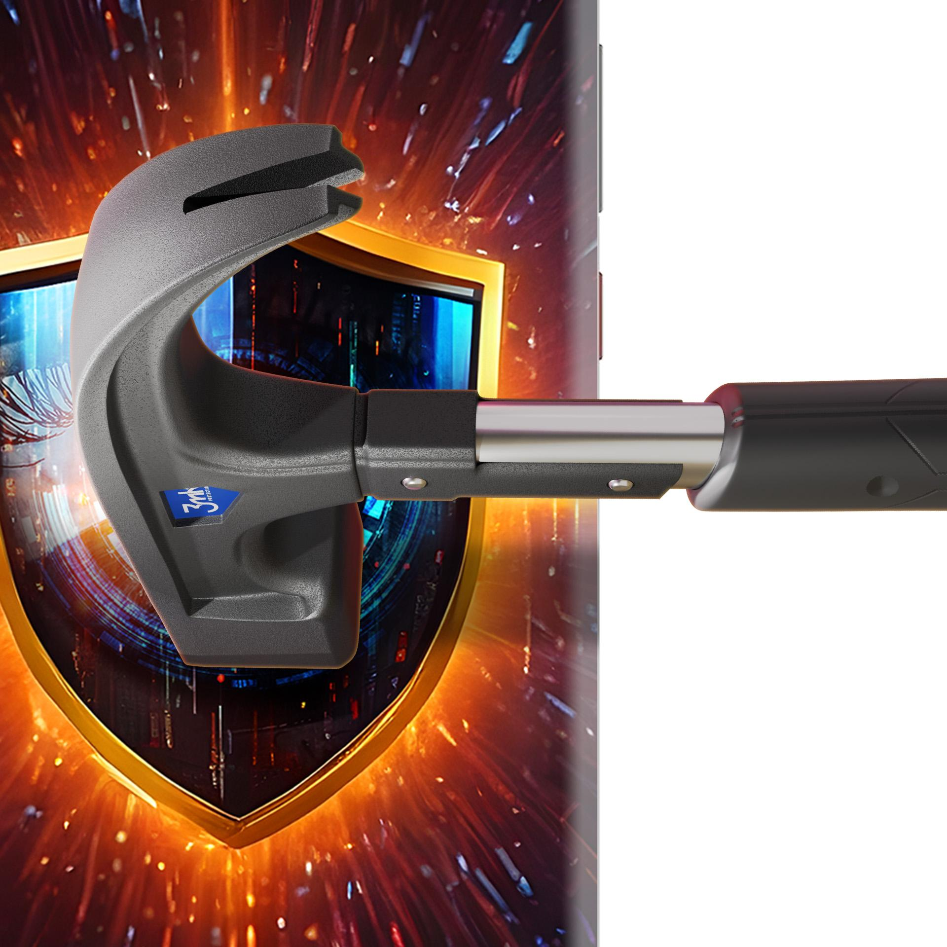 Młot rozbijający tarczę na ekranie telefonu. Tarcza jest złota. Tło to kolorowe światła.