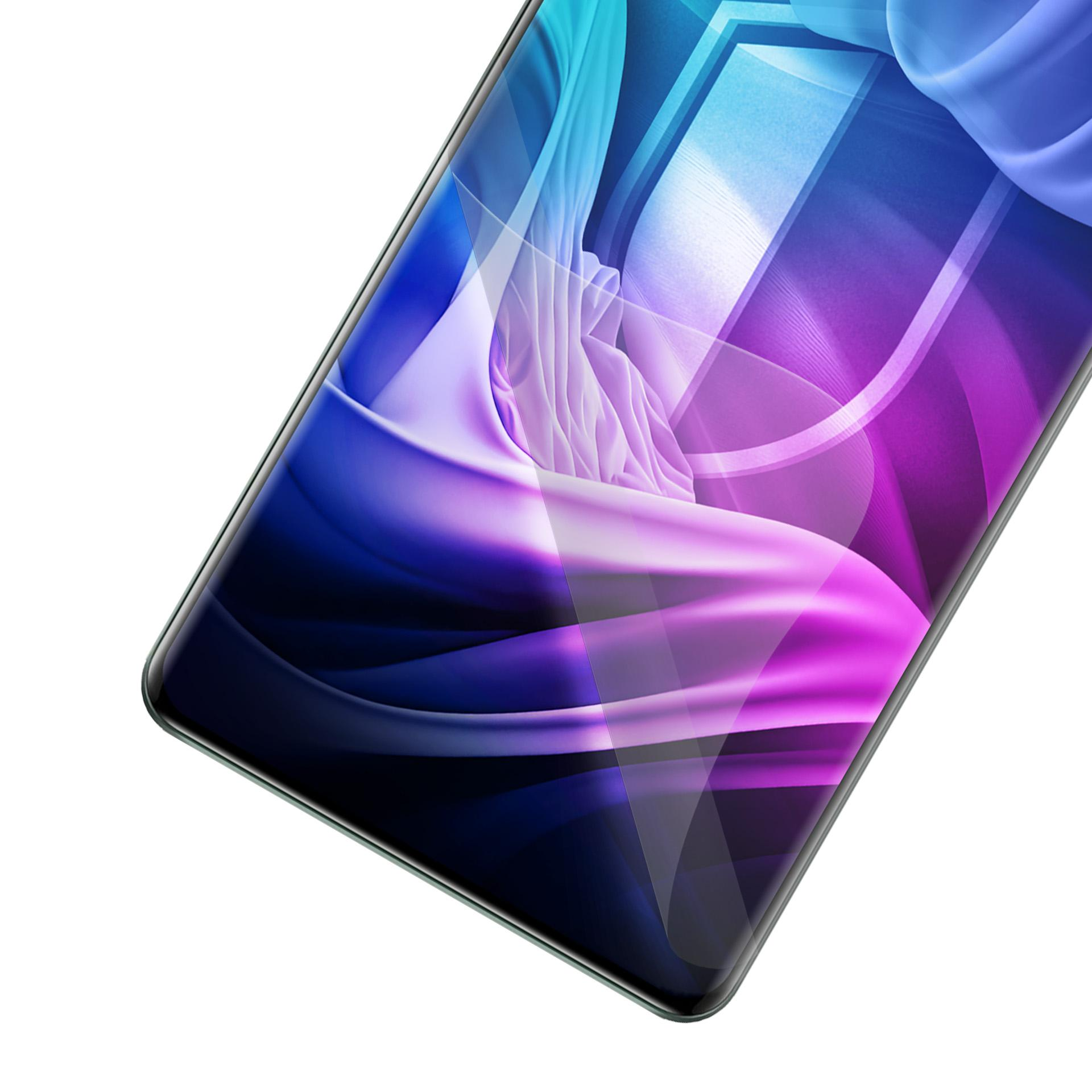 Bordo curvo di uno smartphone con un design astratto colorato. Lo sfondo è bianco.