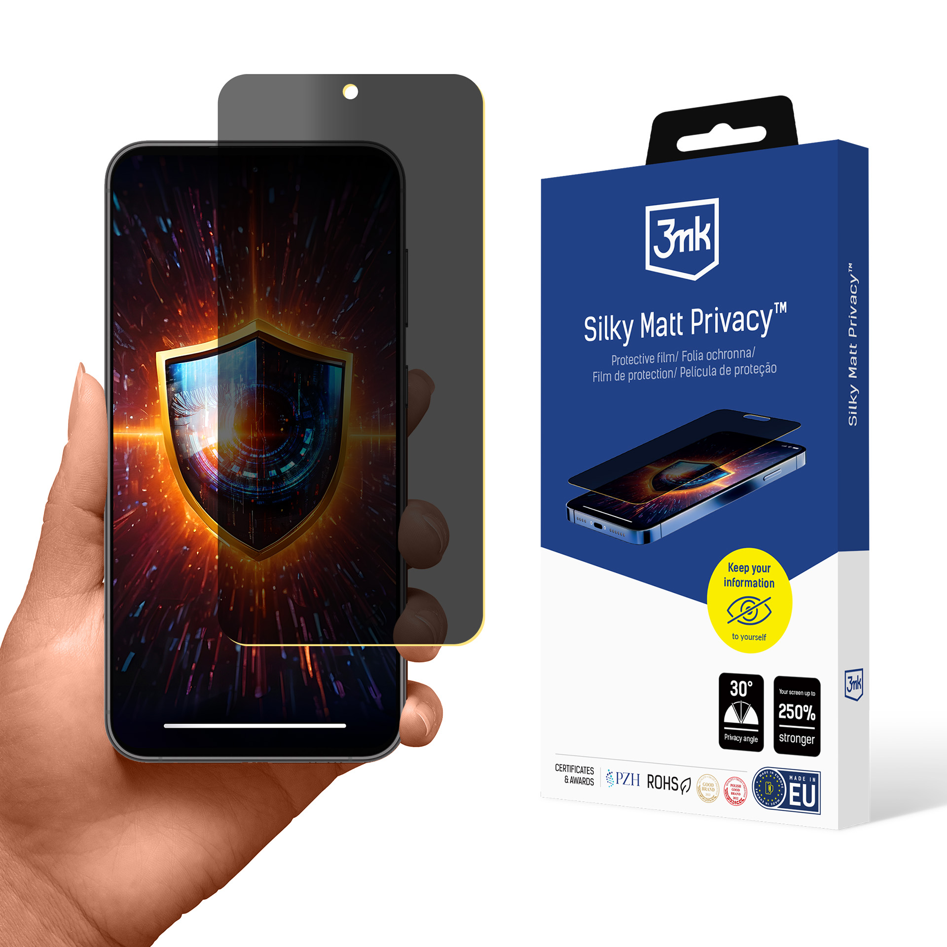 Mano che tiene un telefono con una protezione per lo schermo per la privacy. Una scatola con il nome del prodotto sullo sfondo.