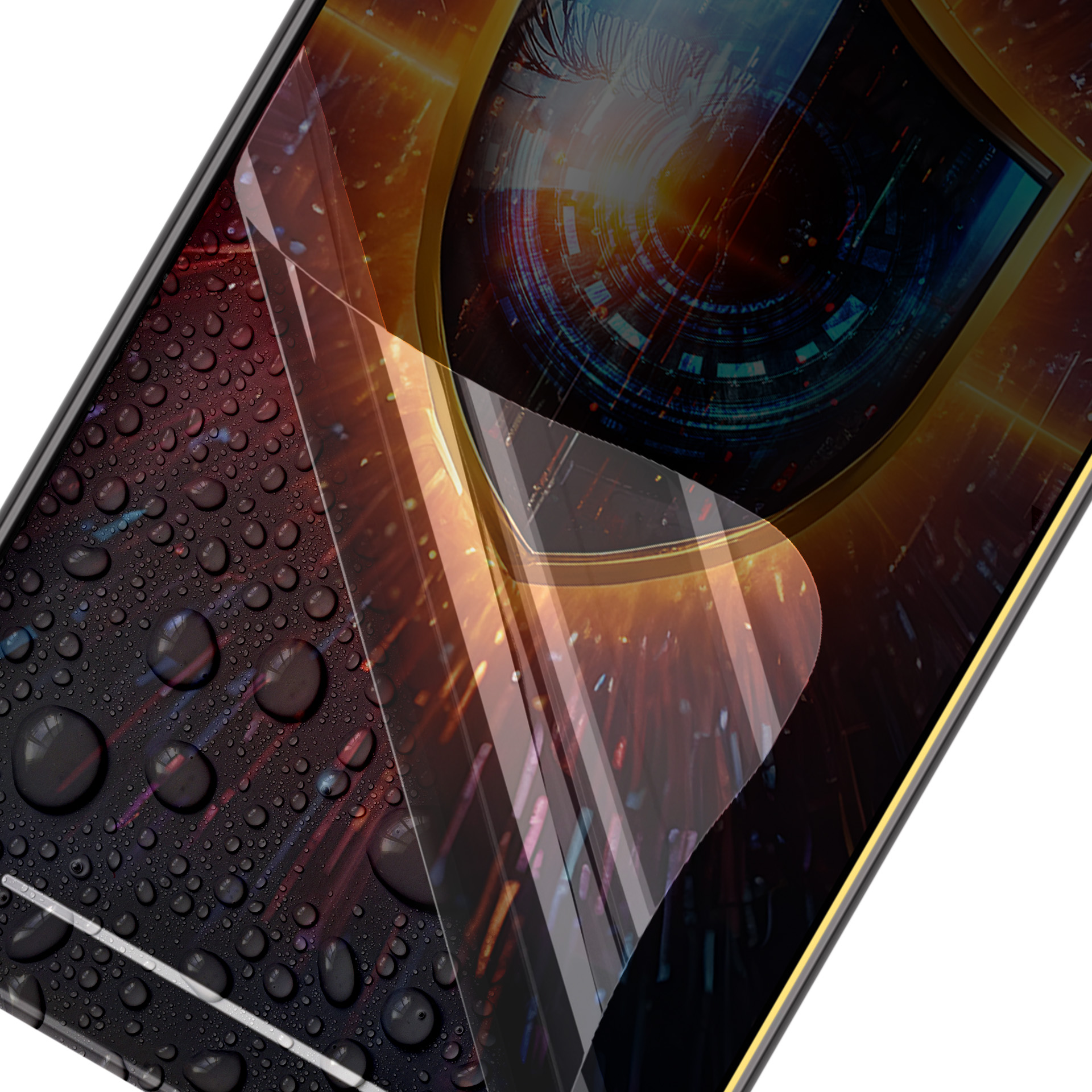 Un telefono nero con gocce d'acqua ha uno schermo che mostra una grafica futuristica. C'è uno strato trasparente sullo schermo.