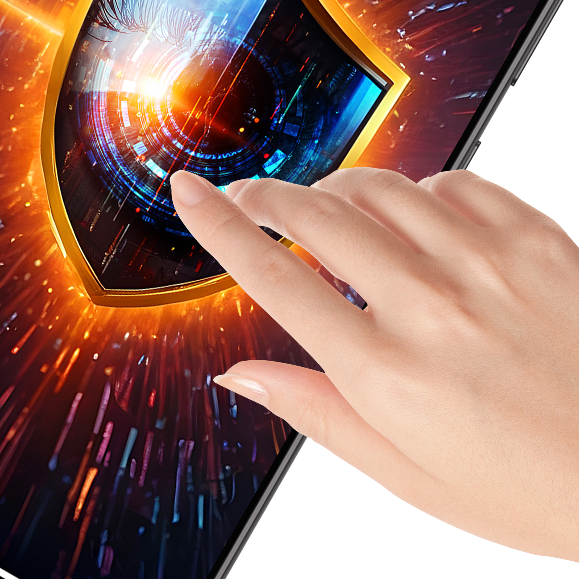 Una mano tocca lo schermo di un tablet che mostra un design a scudo luminoso. Lo sfondo ha un effetto digitale e infuocato.
