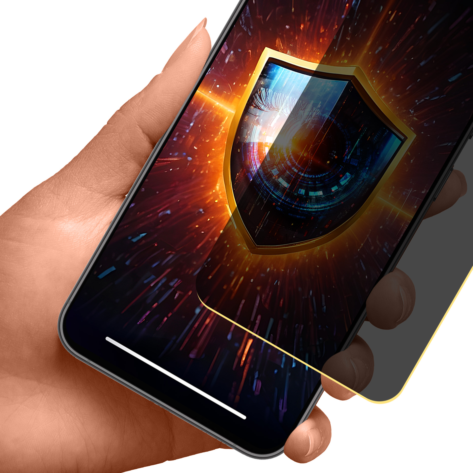 Mano che tiene un telefono con grafica a scudo sullo schermo. Applicata protezione schermo.