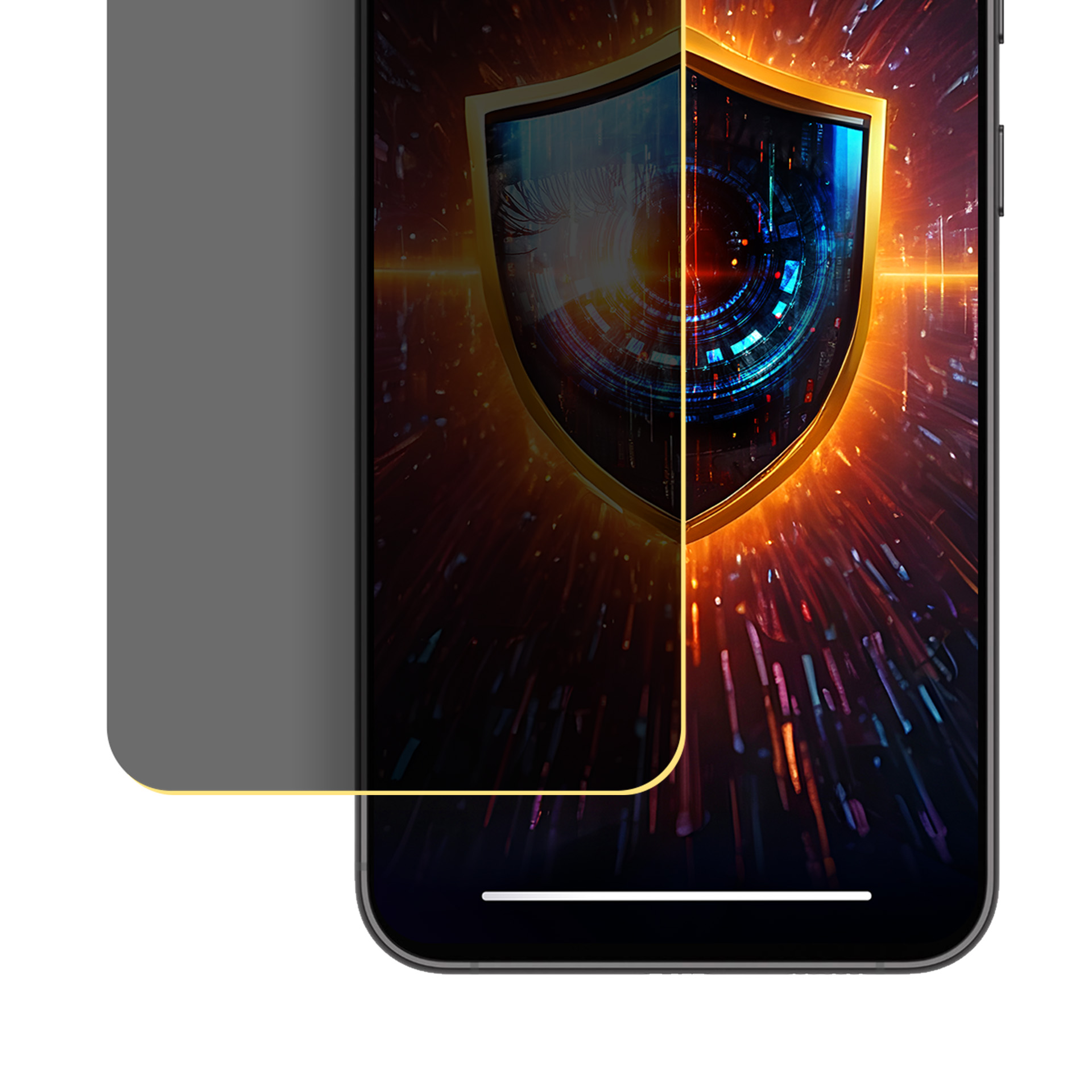 Schermo del telefono con filtro privacy. Uno scudo dorato con grafica a occhio digitale sullo schermo. Telefono nero con barra bianca in basso.