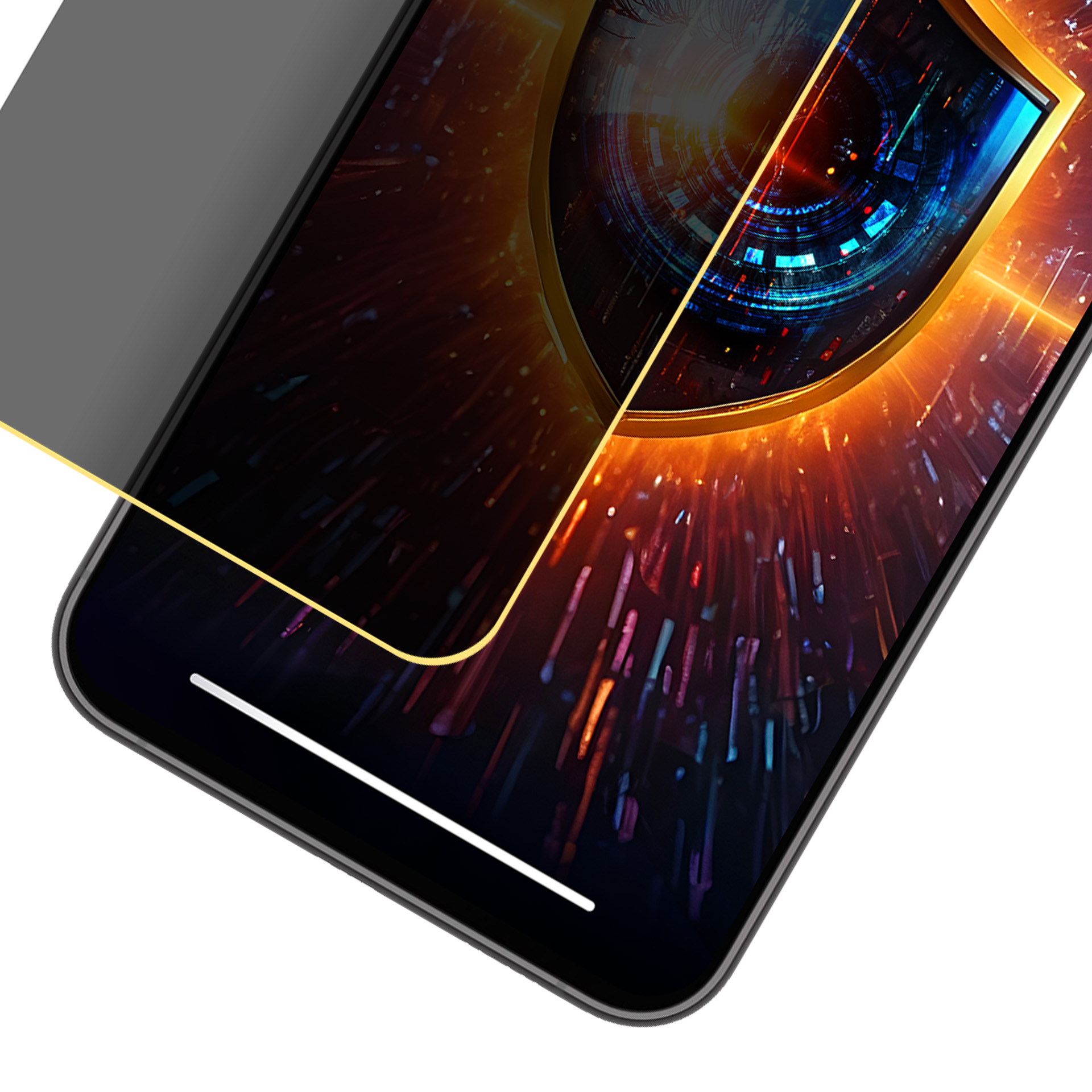 Schermo di smartphone con design a occhio dorato. Lo sfondo presenta un'esplosione di luce e motivi digitali.