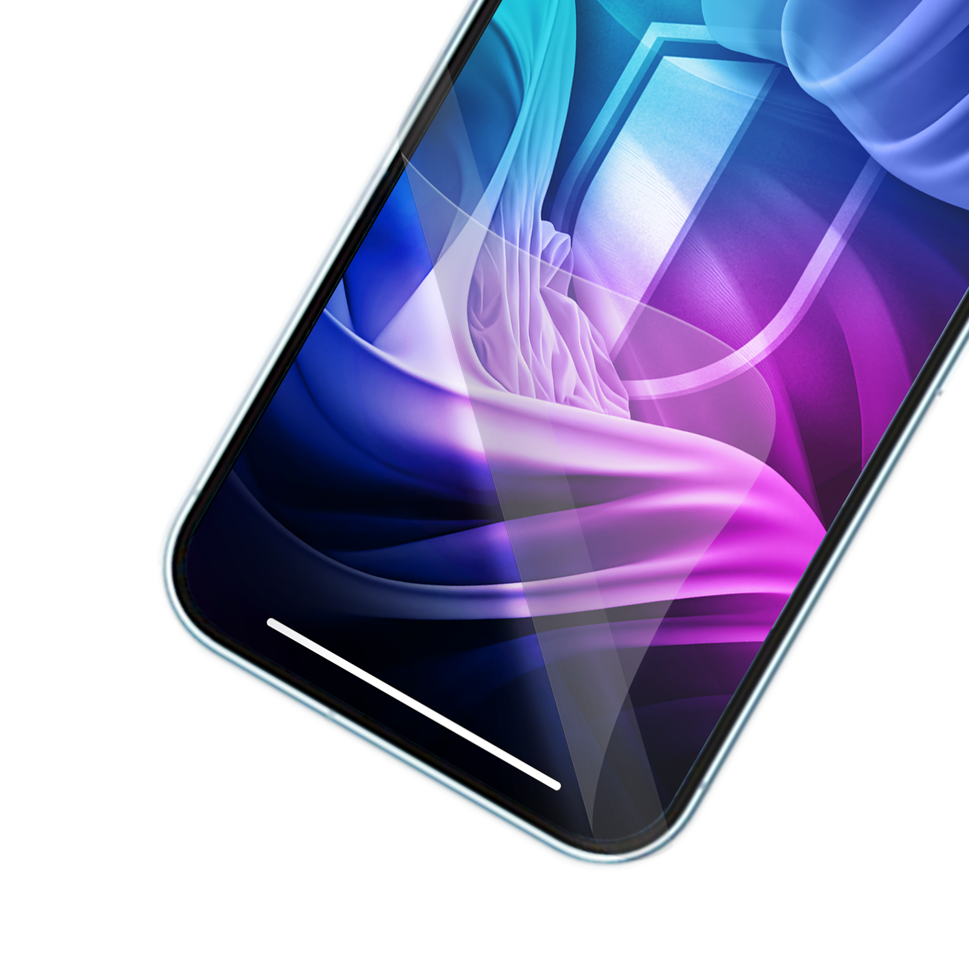 Smartfon wyświetlający abstrakcyjną, kolorową grafikę cyfrową. Kolory to niebieski, fioletowy i biały. Telefon jest na białym tle.