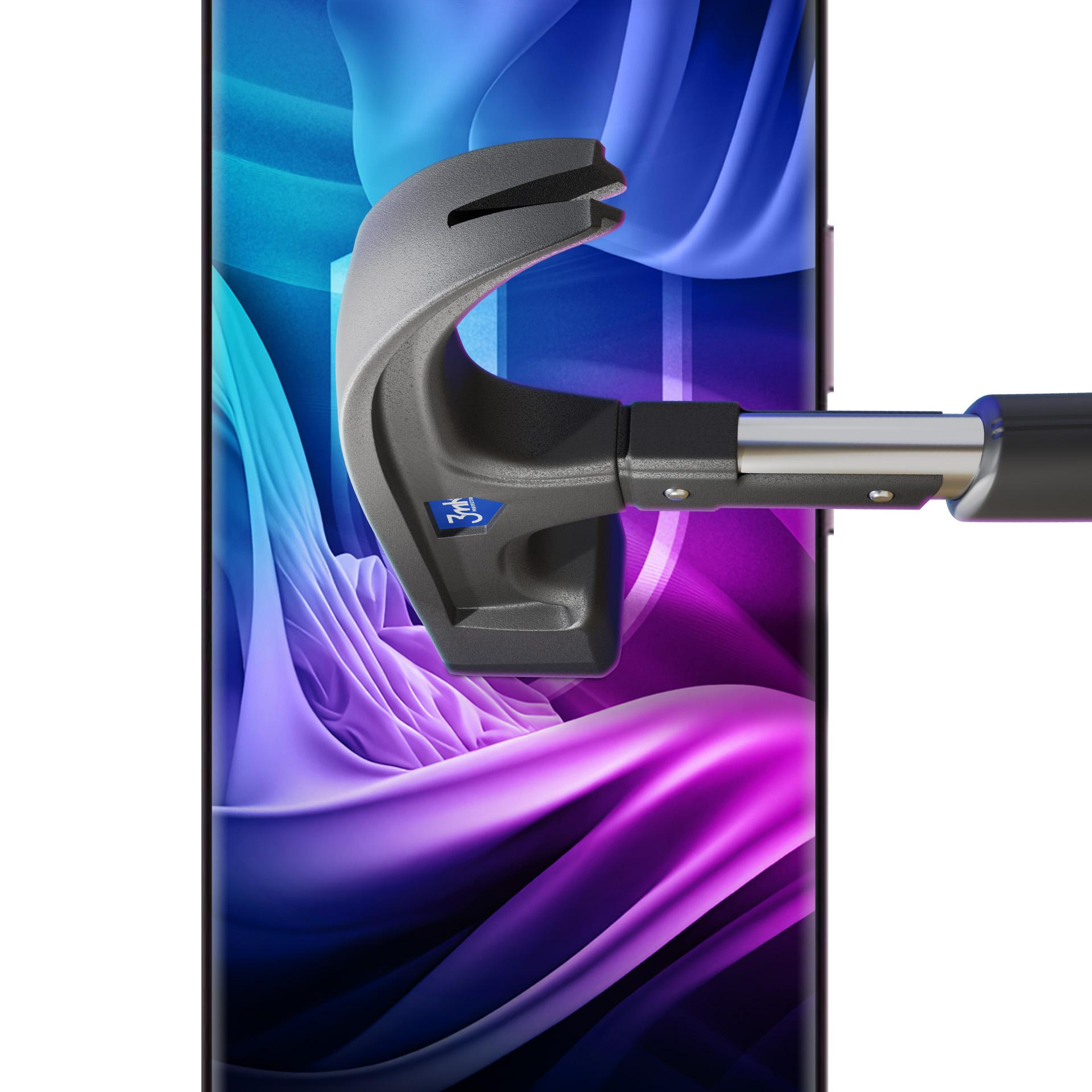 Uno schermo del telefono colpito da un martello. Lo schermo mostra uno sfondo astratto blu, viola e bianco.