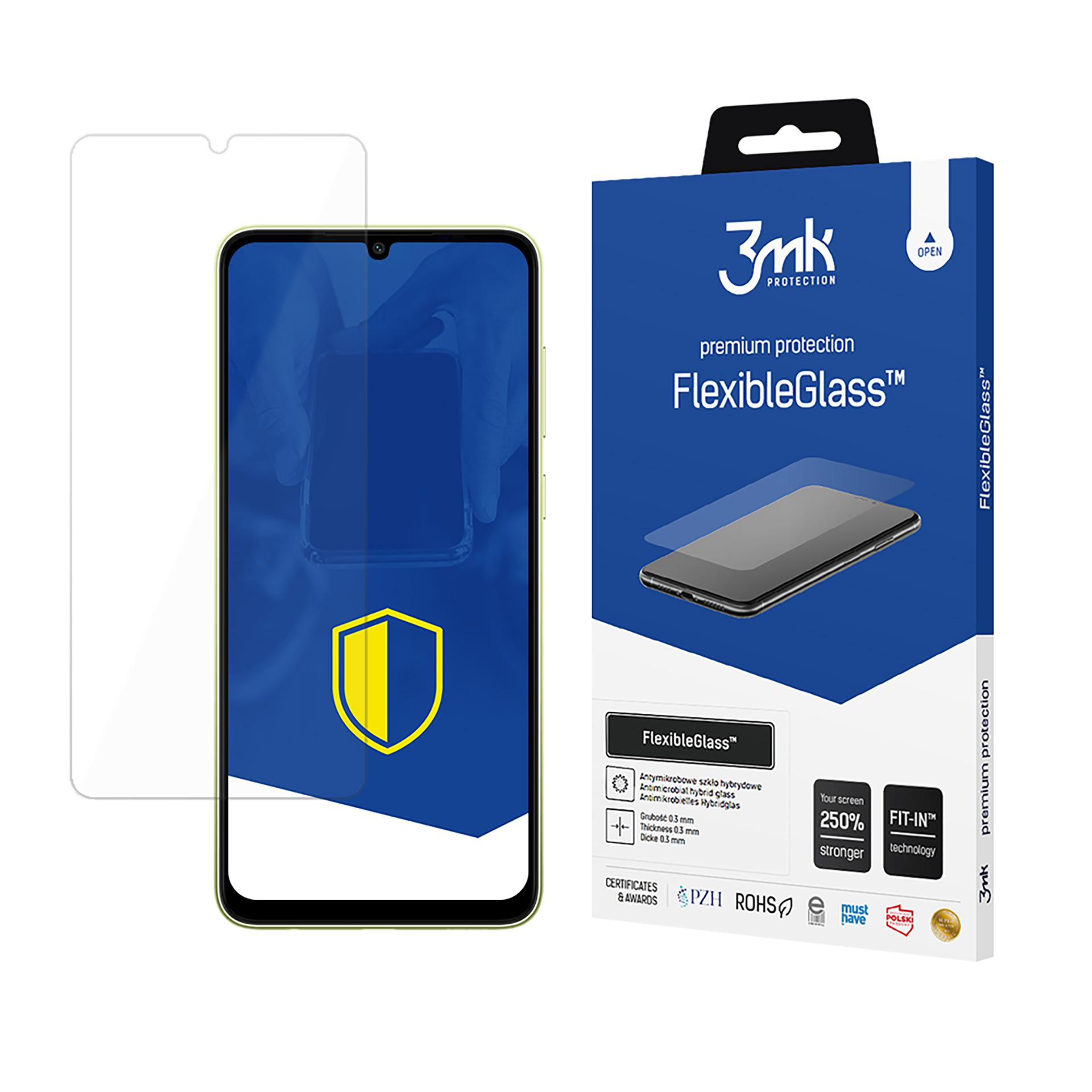 Un proteggi schermo e un telefono sono visualizzati accanto a una scatola blu con il testo 'FlexibleGlass' e '3mk Protection'.