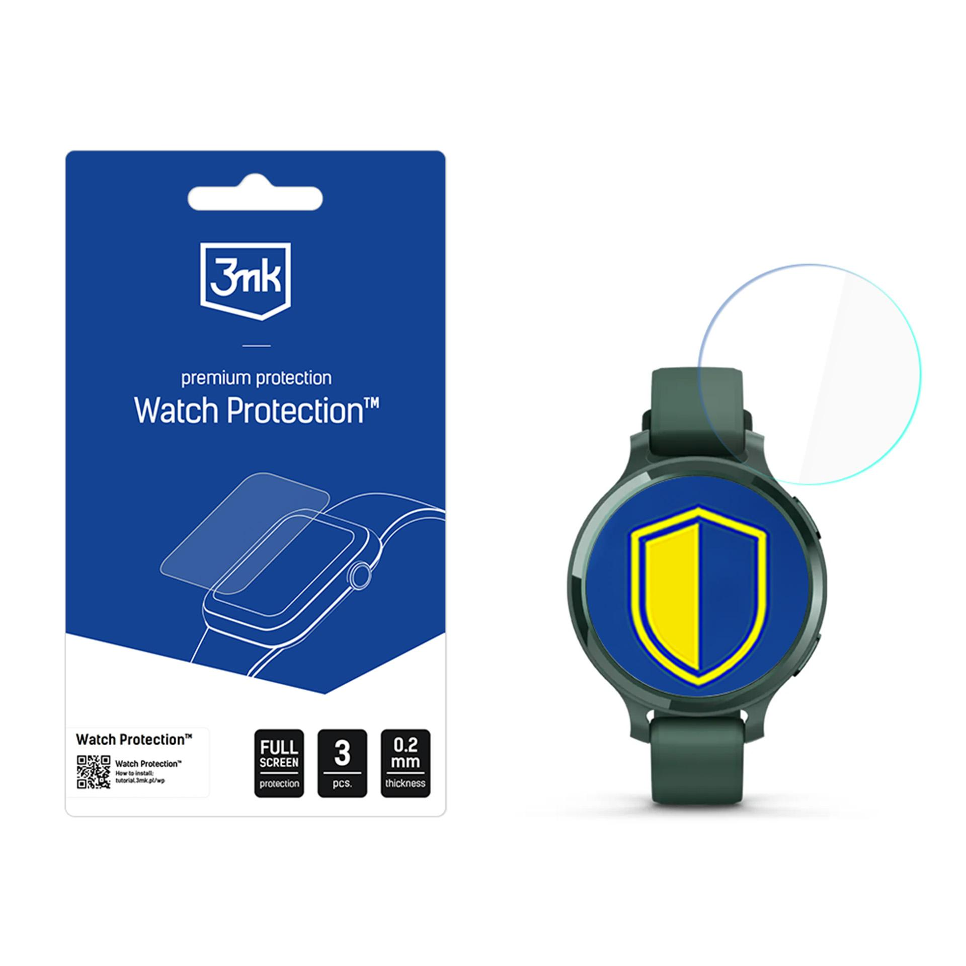 L'immagine mostra un orologio con una protezione per lo schermo. Un pacchetto blu e bianco è a sinistra. Un disegno a scudo è sul quadrante dell'orologio.