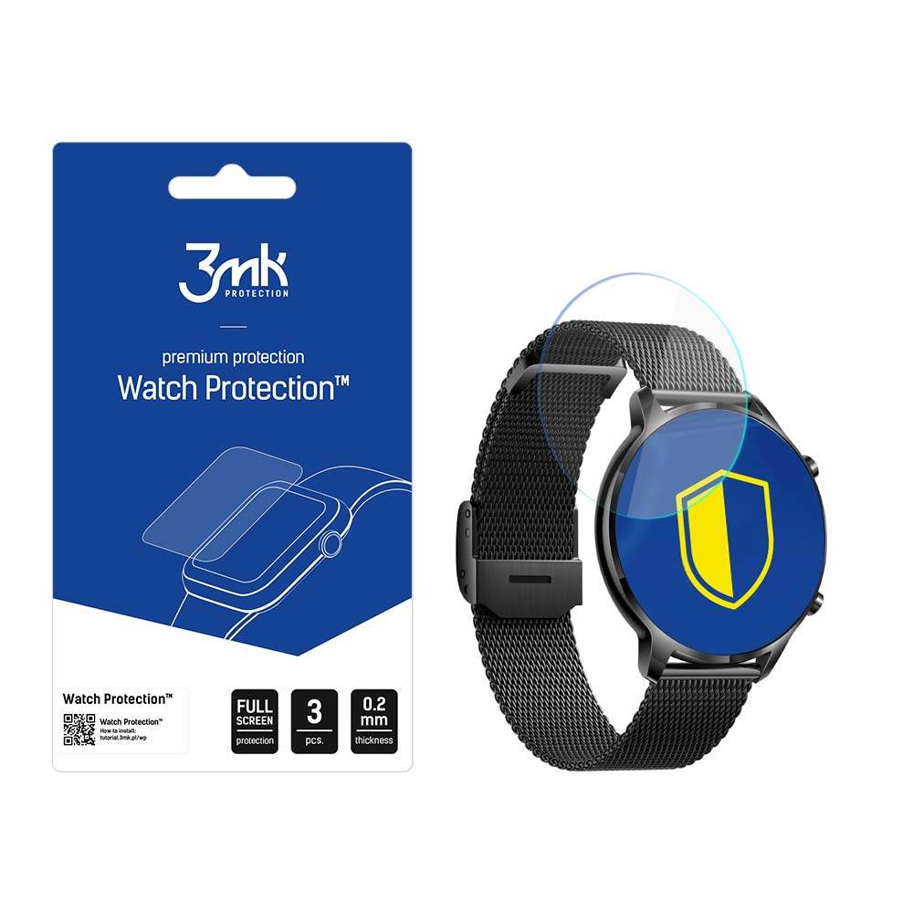 Uno smartwatch con cinturino nero e protezione schermo è accanto a una confezione blu. La confezione illustra il prodotto Watch Protection.