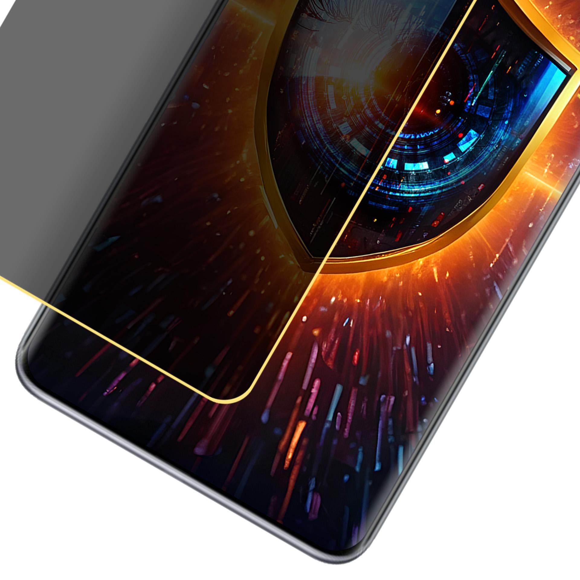 Un telefono con schermo per la privacy. Lo schermo mostra un grafico a scudo digitale con cornice dorata e sfondo scuro.