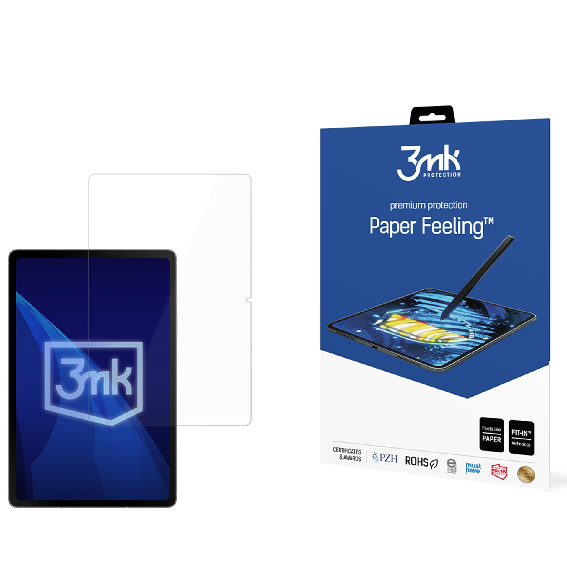 Un tablet con una protezione schermo e una scatola di protezione schermo 3mk Paper Feeling. La scatola è blu e bianca.