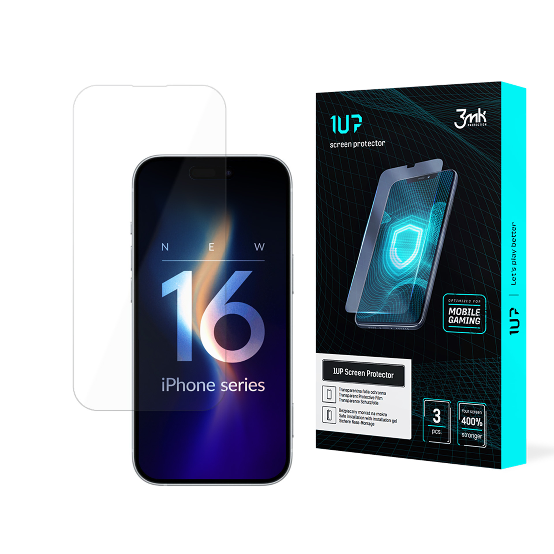 Viene visualizzato un set di protezione schermo per iPhone 16. Include un telefono, una protezione e una scatola con i dettagli del prodotto.