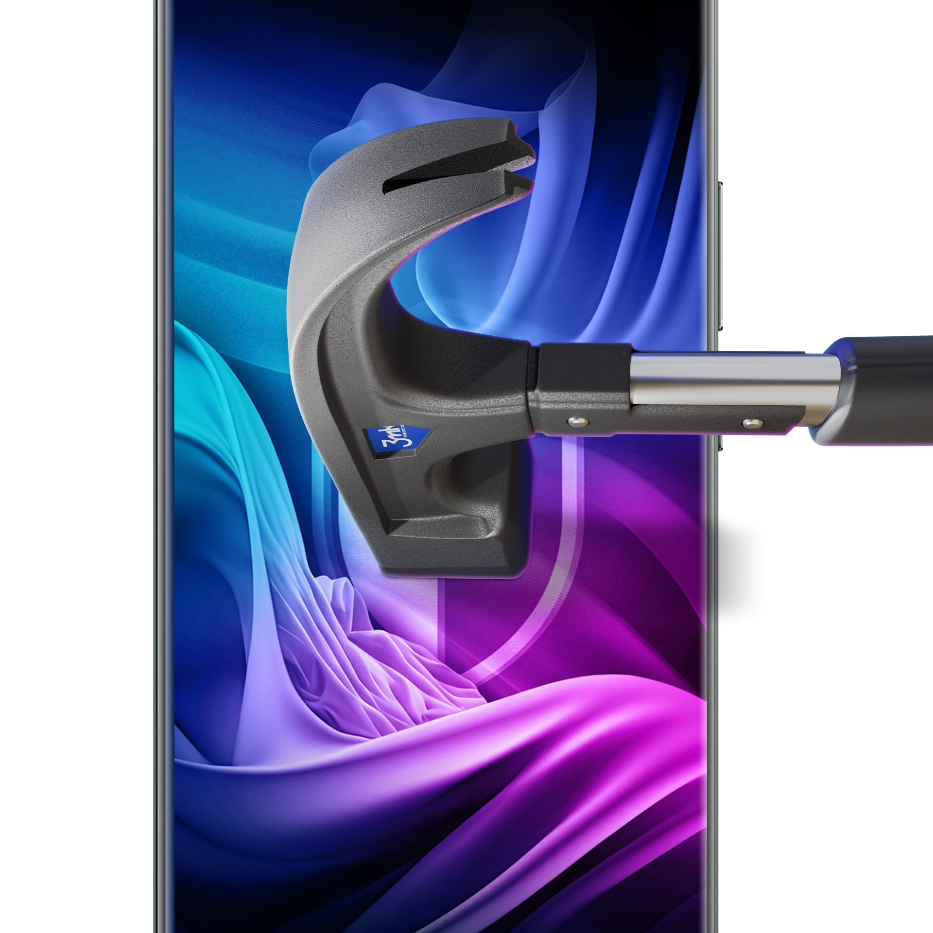 Młotek rozbija ekran telefonu. Telefon wyświetla niebieski i fioletowy abstrakcyjny wzór. Tło jest białe.