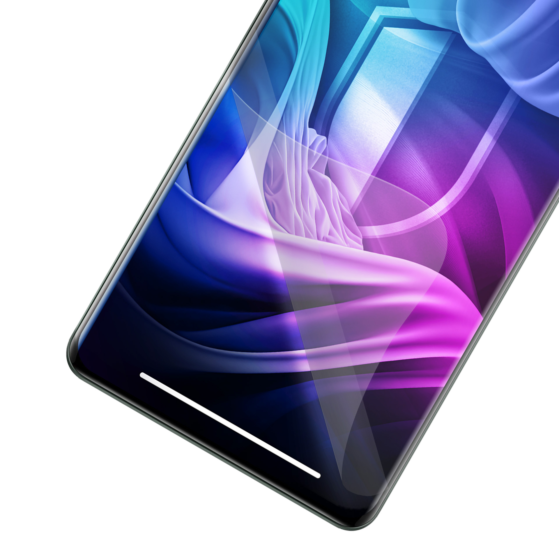 Ekran smartfona z abstrakcyjnym fioletowym, niebieskim i białym designem. Białe tło. Na dole biały pasek.