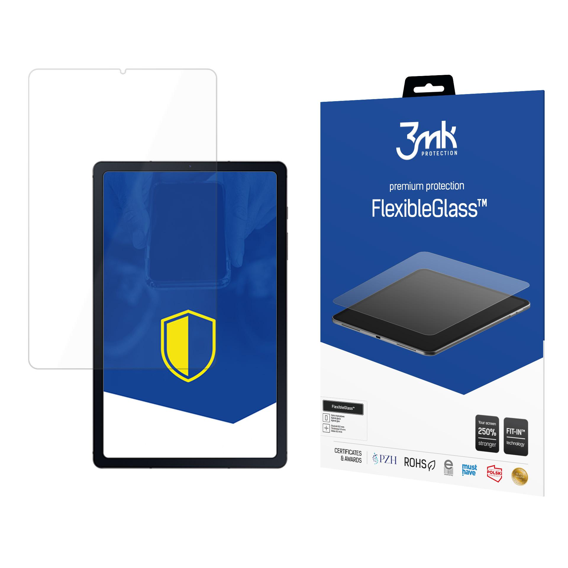 Wyświetlany jest tablet i pudełko na osłonę ekranu. Na pudełku napisano FlexibleGlass. Tablet ma żółtą grafikę tarczy.