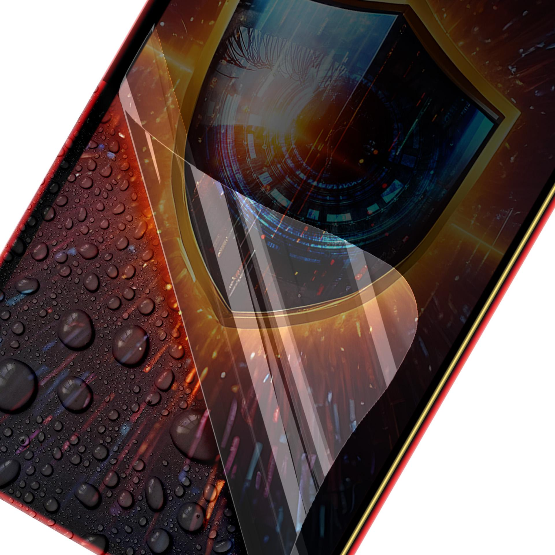 Schermo del telefono con una pellicola protettiva, goccioline d'acqua e una grafica astratta di un occhio umano.