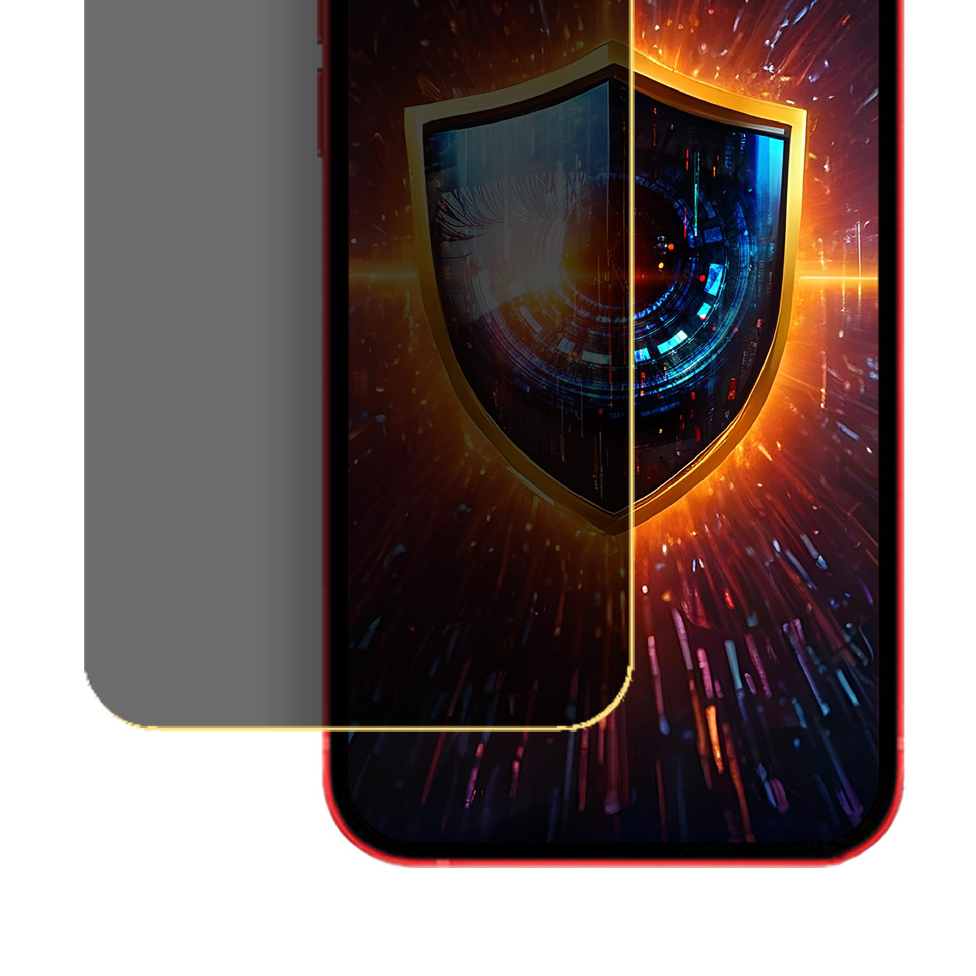 Smartphone rosso con protezione schermo. Lo schermo mostra uno scudo con occhio digitale ed esplosioni di dati.