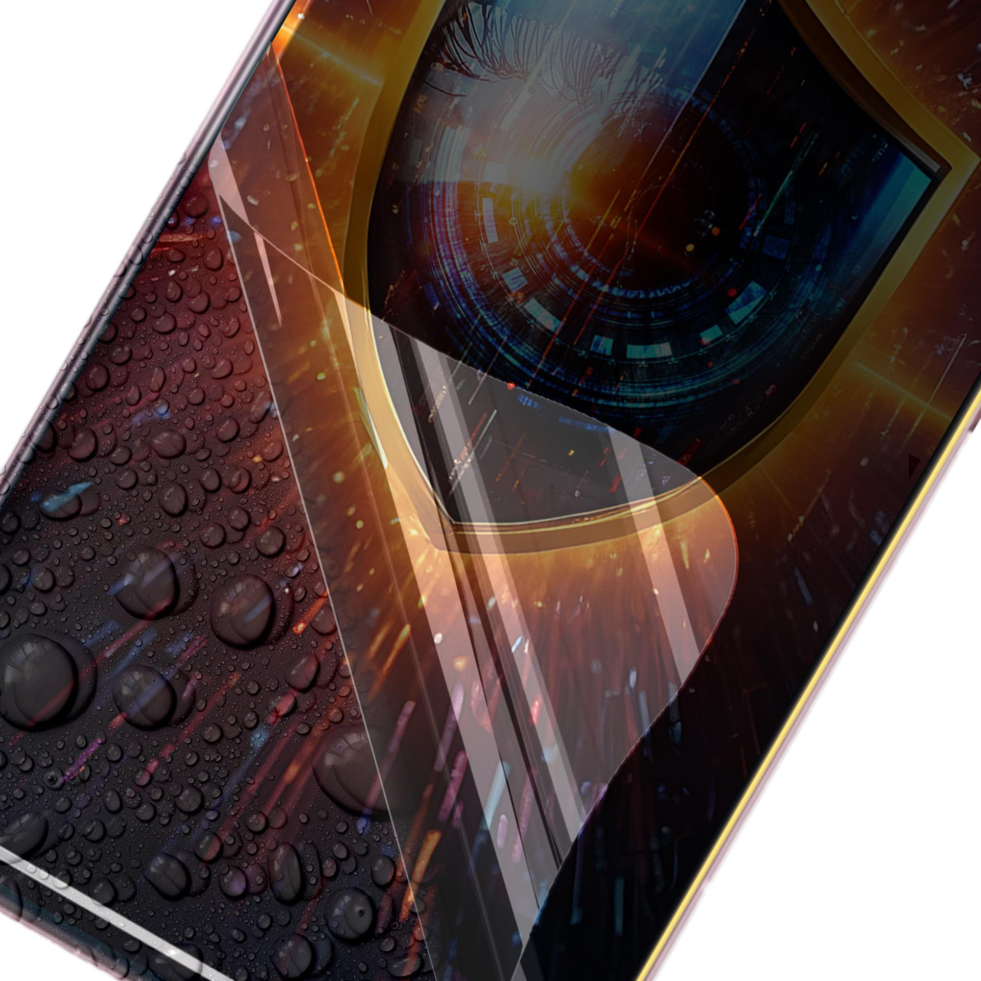 Uno schermo di smartphone con gocce d'acqua e un design a forma di occhio. Lo sfondo ha uno stile di arte digitale con effetto luminoso.