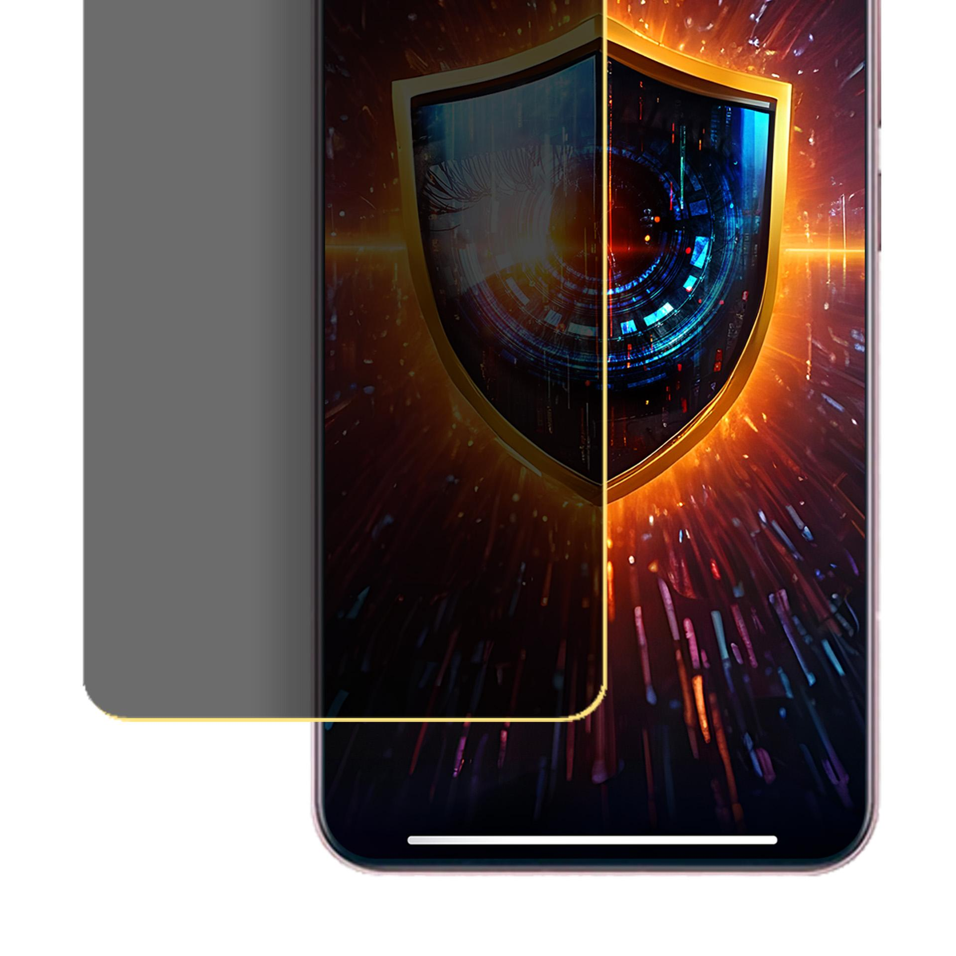 Proteggi schermo per smartphone con grafica a scudo. Lo scudo presenta motivi digitali, immagine dell'occhio e bordo dorato.