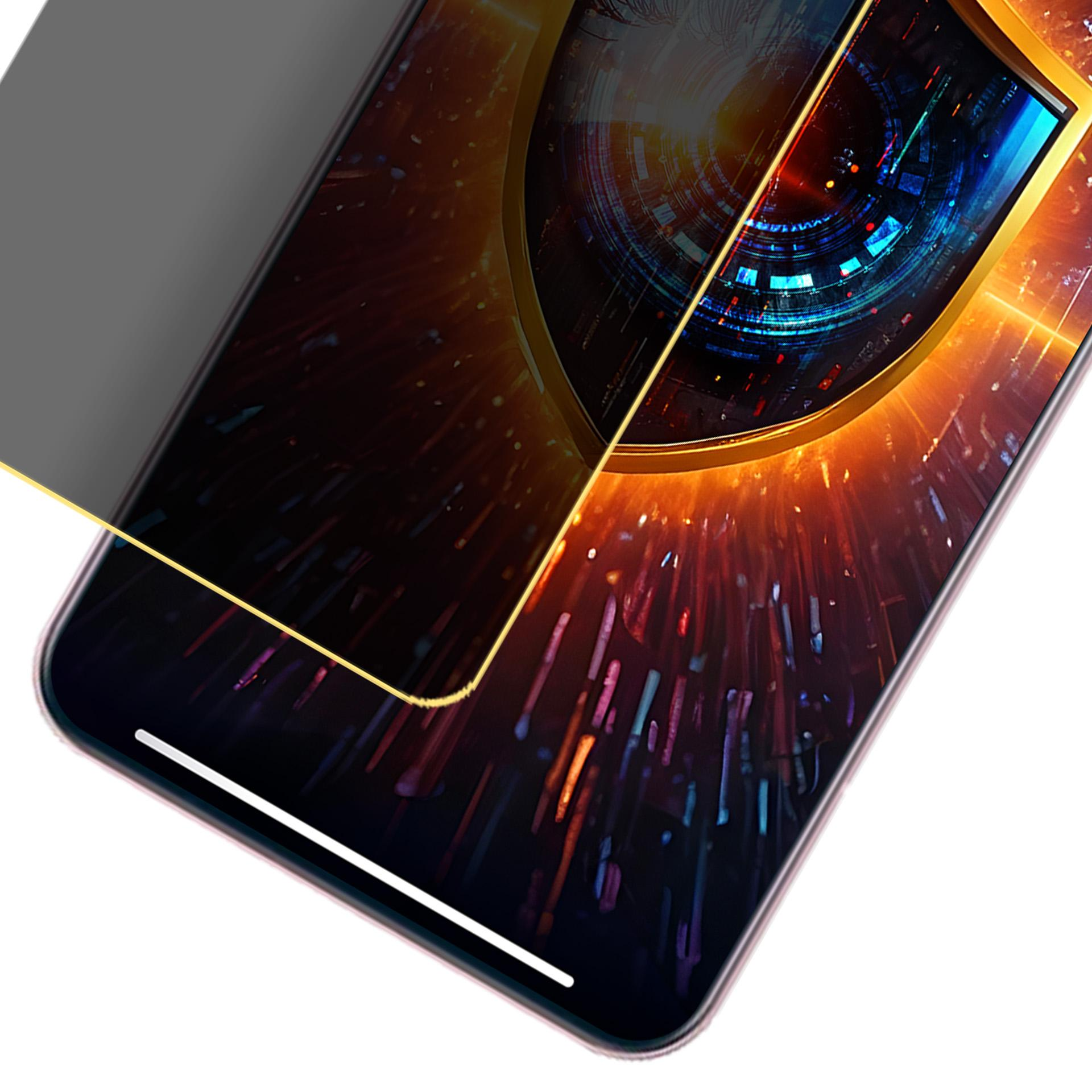 Proteggi schermo per smartphone con design digitale colorato. Sovrapposizione grigia. Bordo rosa del telefono su sfondo bianco.