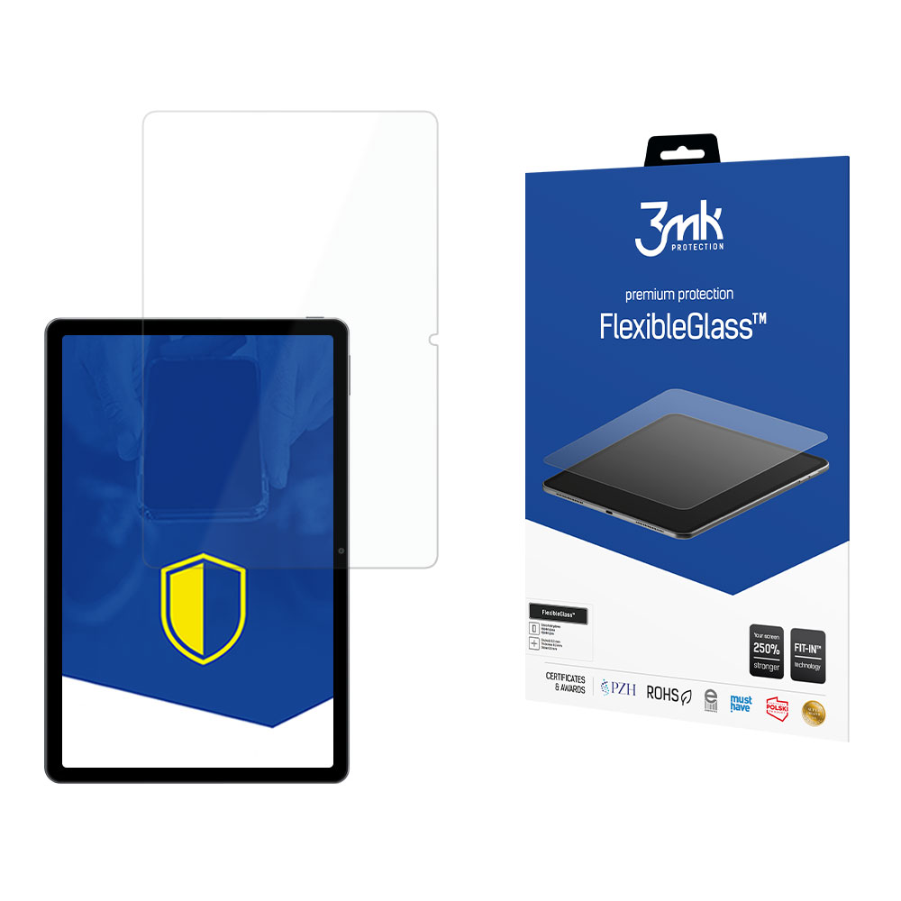 Tablet z ochraniaczem ekranu i opakowaniem FlexibleGlass.