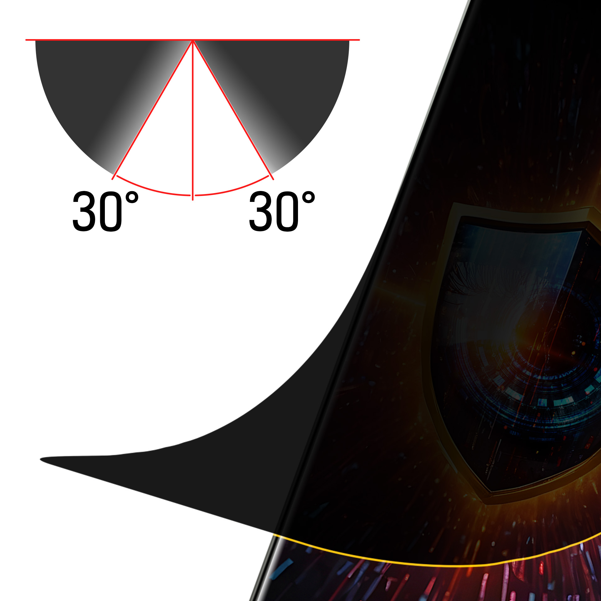 Diagram: Czarny półokrąg z kątami 30 stopni i czerwonymi liniami. Ekran telefonu wyświetla grafikę w kształcie oka.