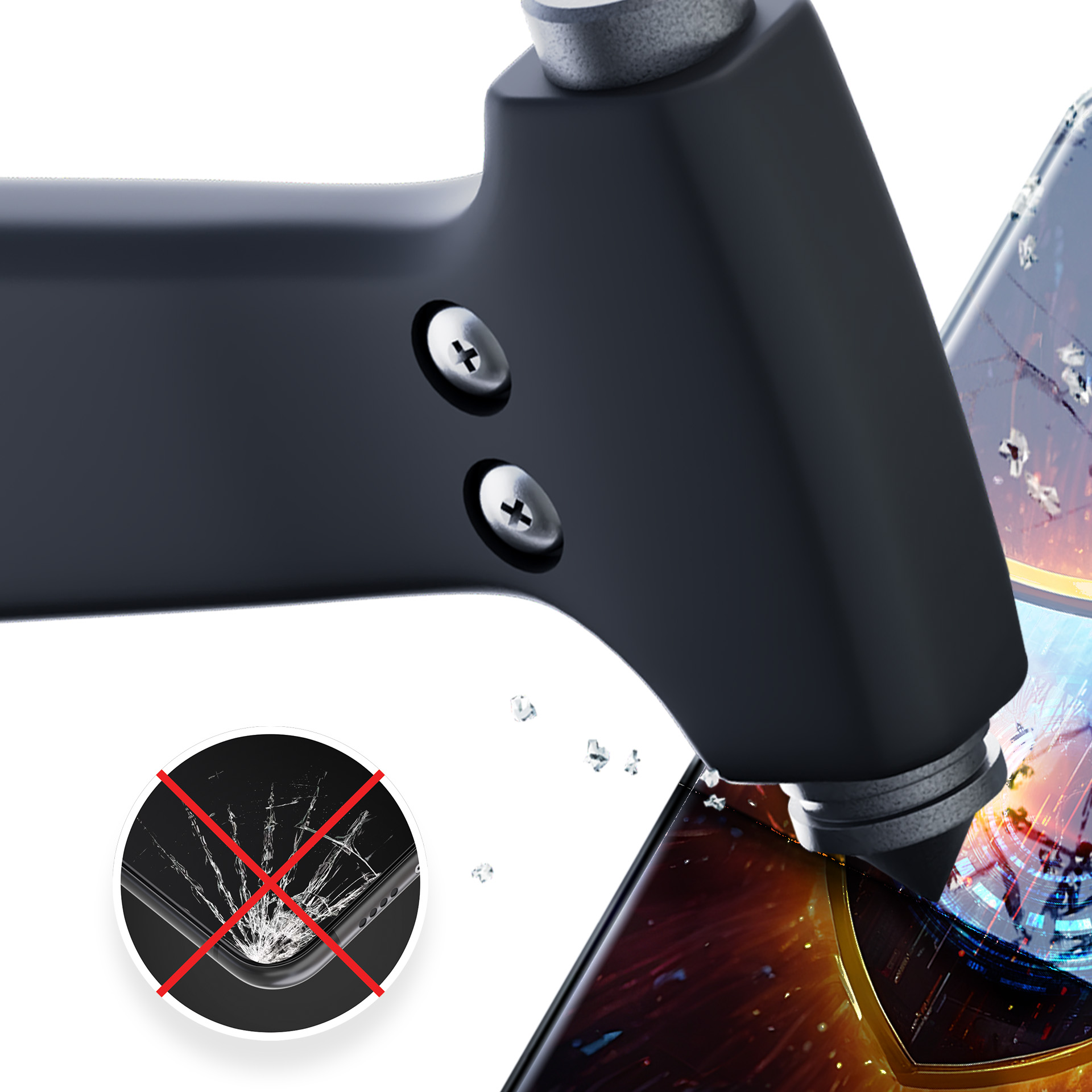 Czarny młotek uderza w telefon. Ekran telefonu pęka po uderzeniu. Ikona przedstawia telefon z czerwonym krzyżem.