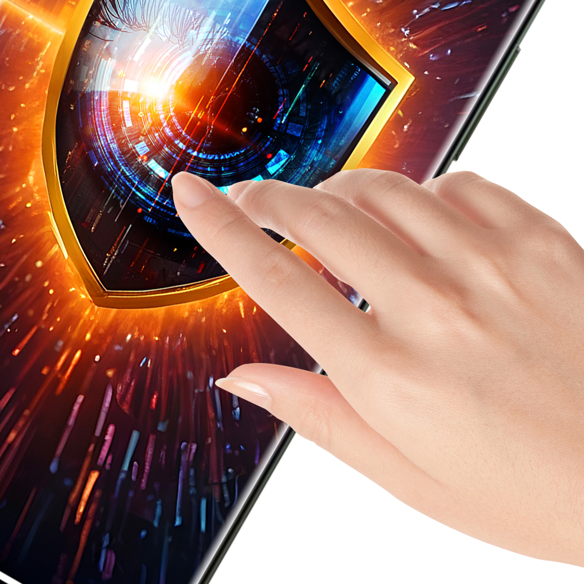 Dłoń dotyka ekranu cyfrowego przedstawiającego tarczę z futurystycznym wzorem, świecącą pomarańczowym i niebieskim światłem.