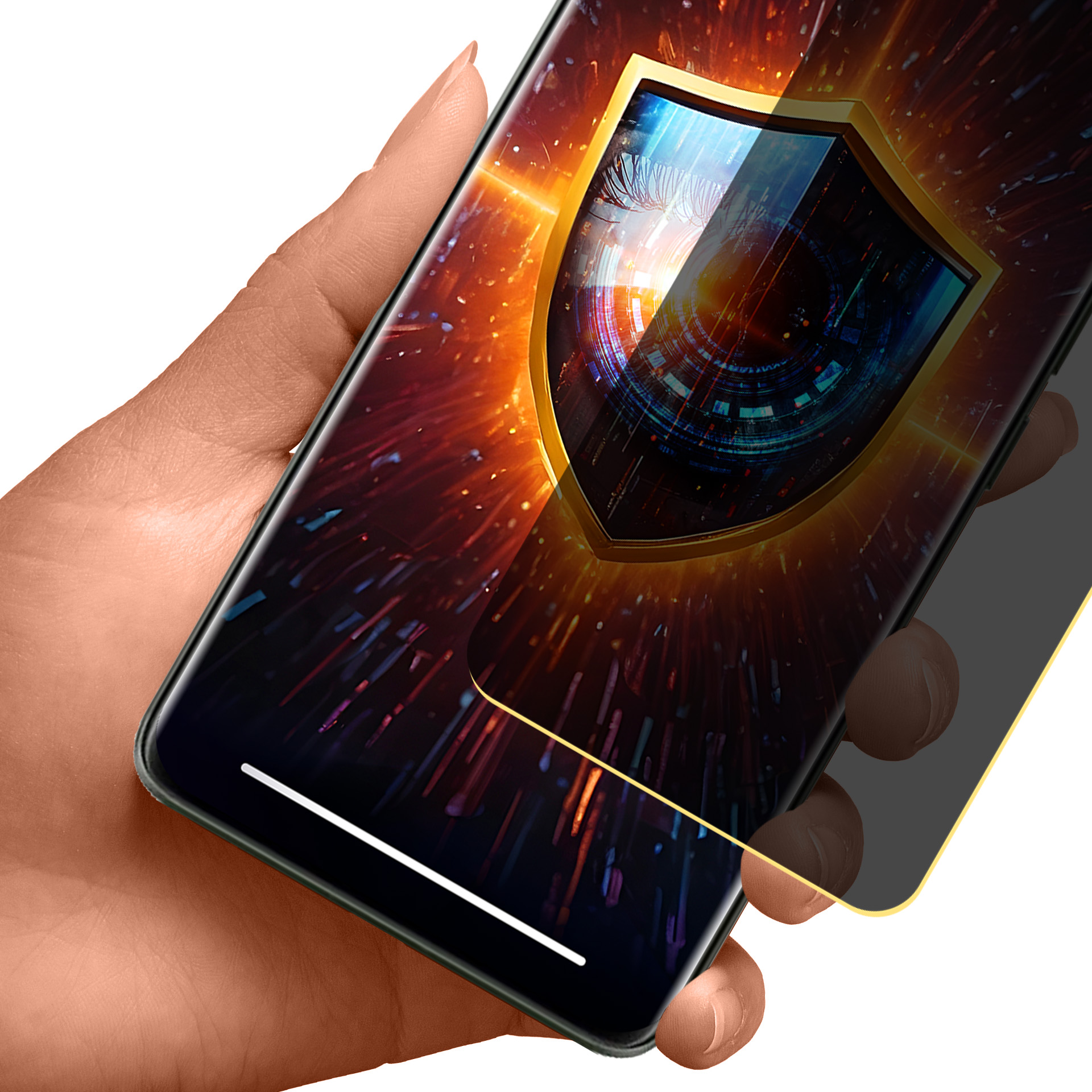 Dłoń trzymająca smartfon z ikoną tarczy na ekranie. Ma złotą ramkę. Tło ma pomarańczowy i niebieski efekt.