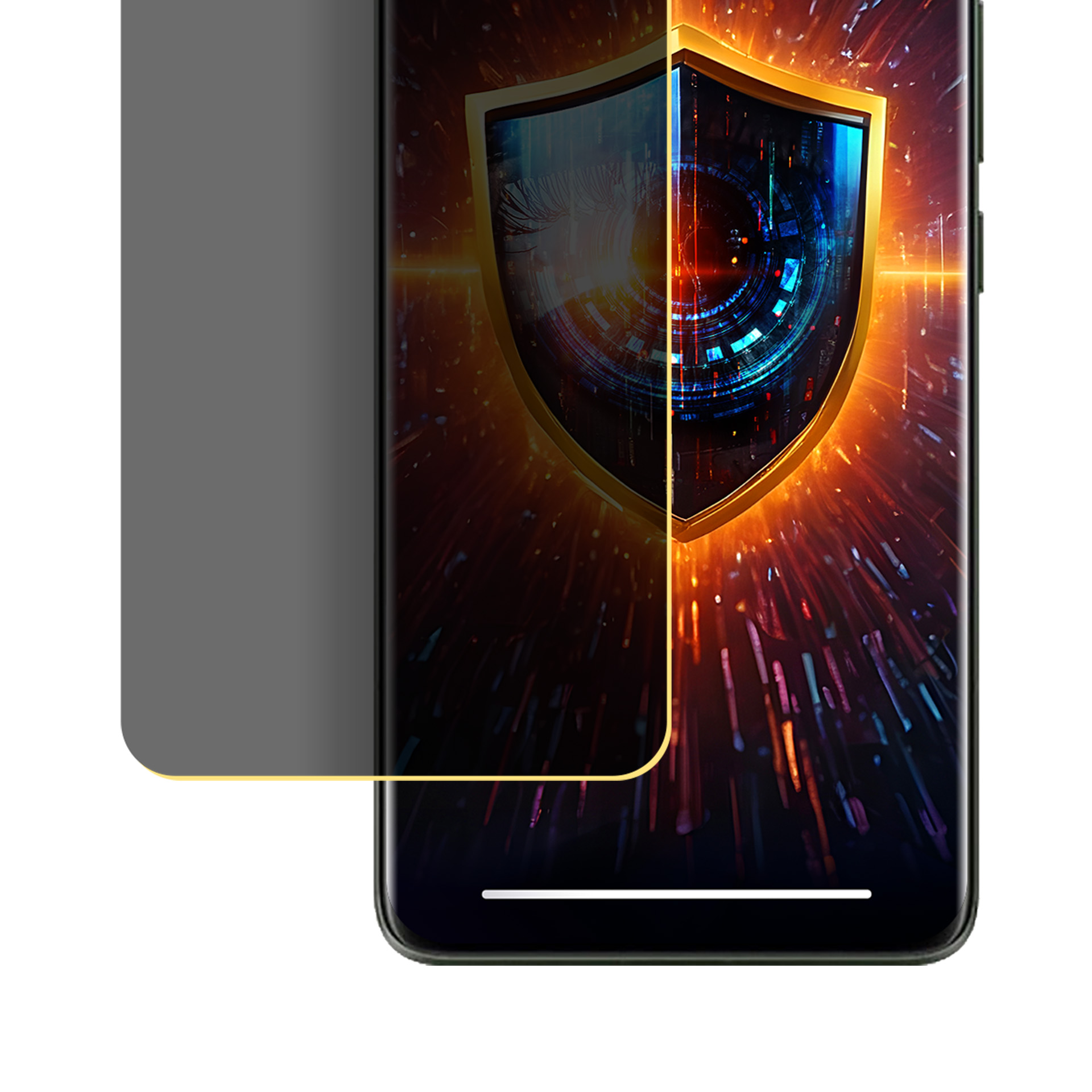 Ekran smartfona z cyfrową grafiką tarczy. Po lewej stronie znajduje się ekran prywatności. Tło świeci.