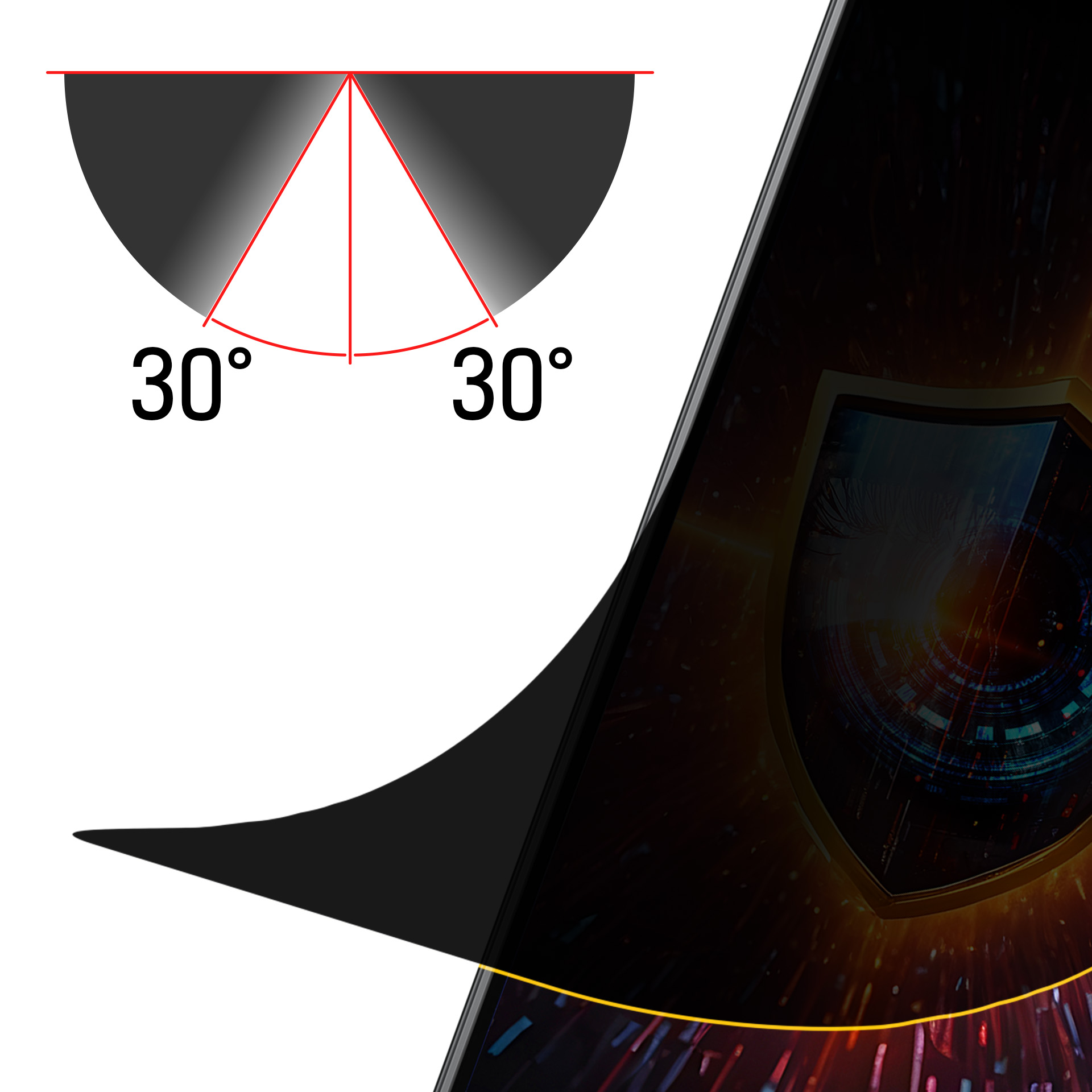 Diagram przedstawia kąty 30 stopni i zakrzywiony czarny kształt. Widoczny jest również ekran z motywem oka.