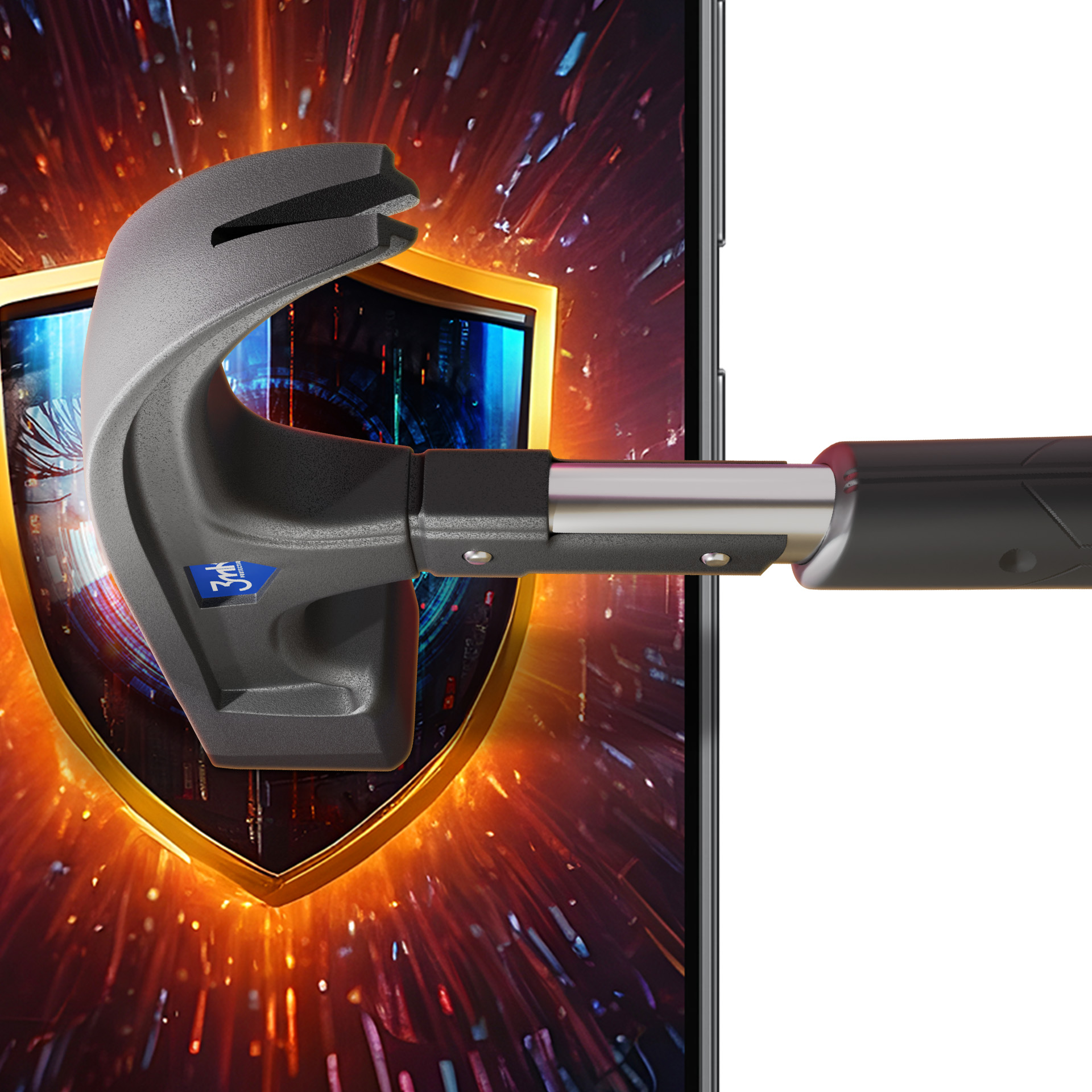 Młot przebija ekran telefonu z ikoną tarczy, reprezentującą ochronę danych.