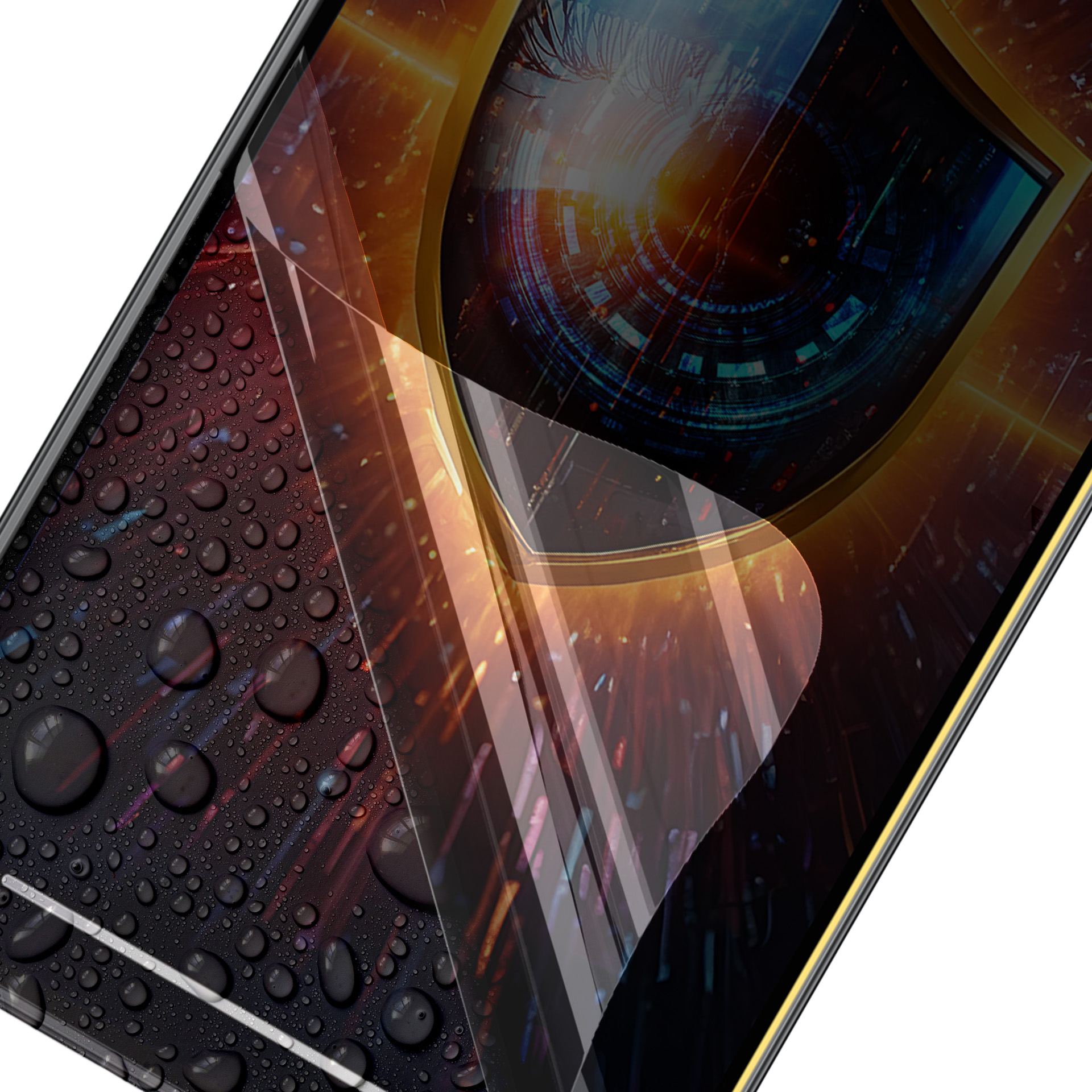 Ekran telefonu z kroplami wody. Ekran wyświetla wzór z świecącymi światłami i kształtami.