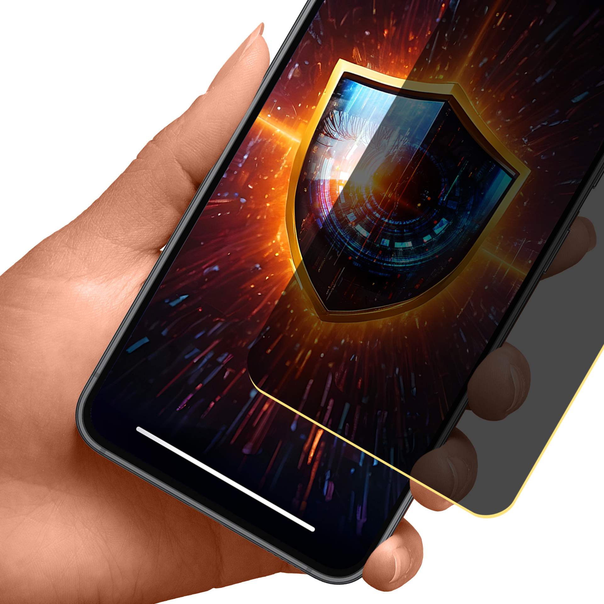 Dłoń trzymająca telefon z grafiką tarczy na ekranie. Tarcza jest złota ze zdigitalizowanym okiem w środku.