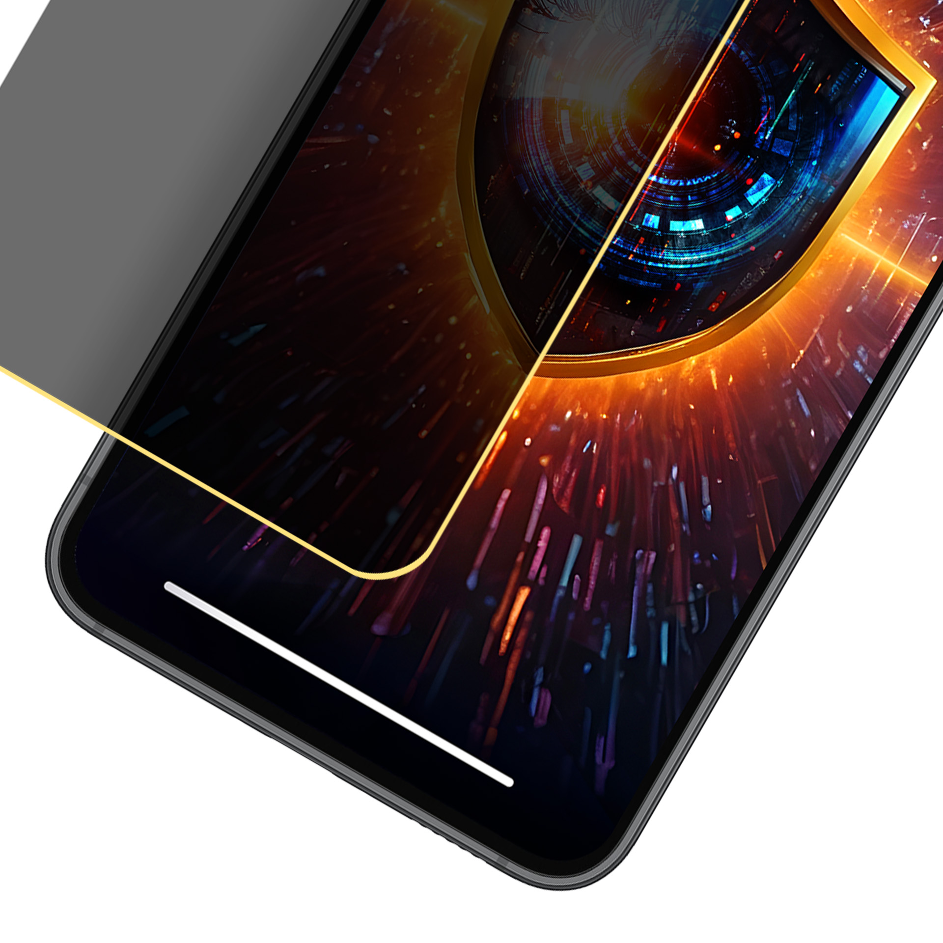 Smartfon wyświetla świecącą grafikę oka. Ekran ma złotą ramkę, z abstrakcyjnymi kolorami i jasnym tłem.