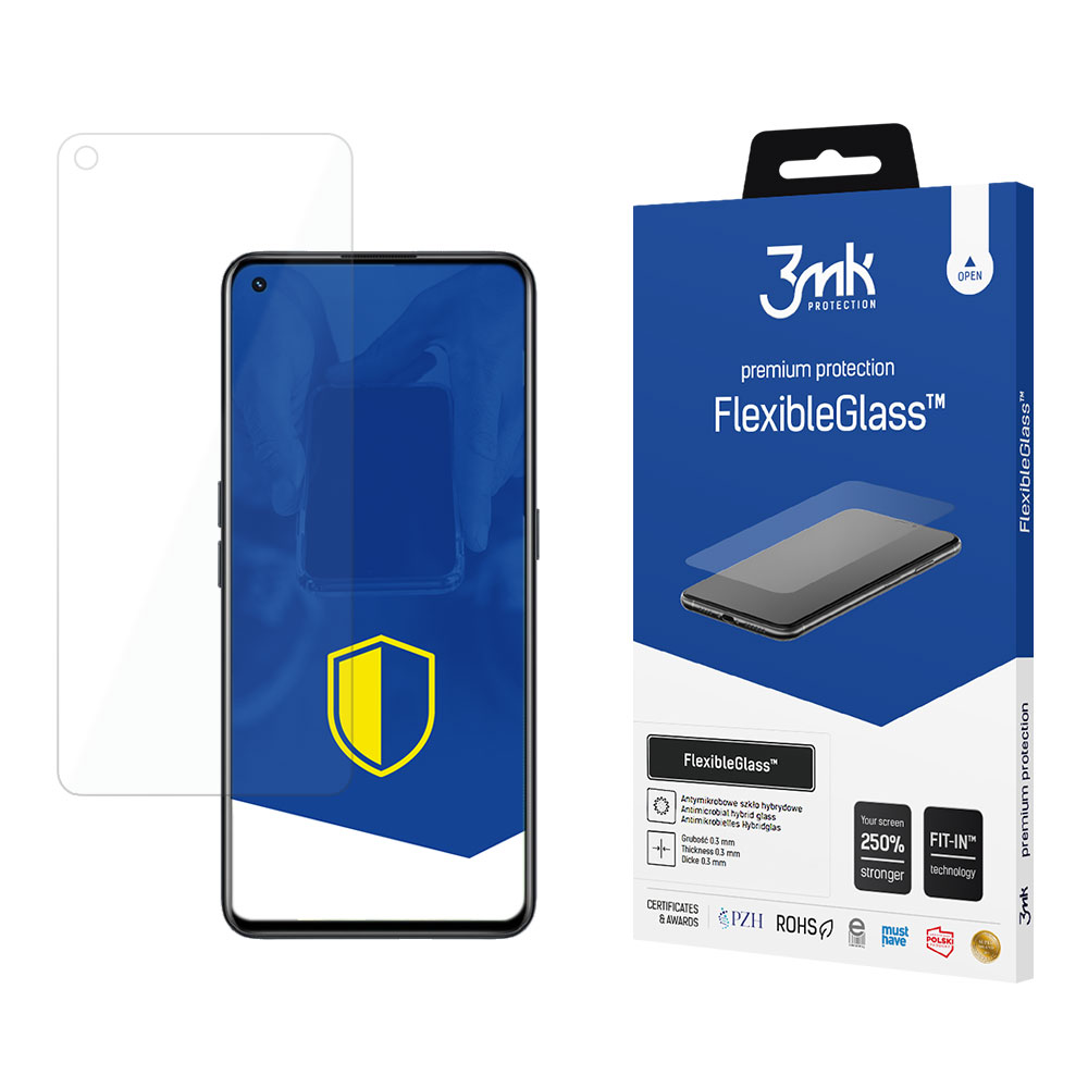 Wyświetlacz telefonu, telefon i pudełko produktu. Na pudełku widnieje nazwa 'FlexibleGlass'.