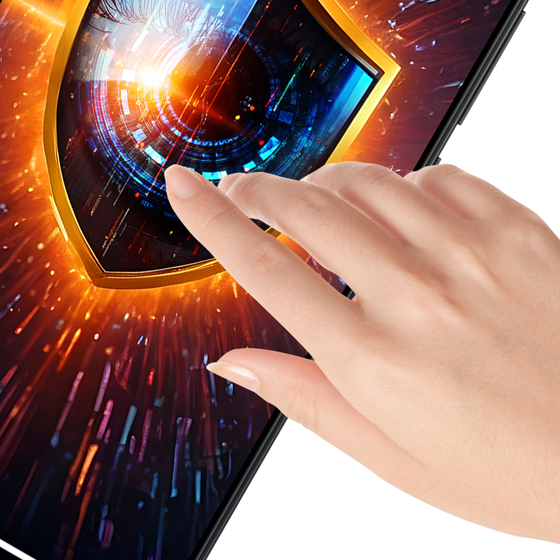 Mano che tocca uno schermo digitale con uno scudo futuristico. Lo sfondo è colorato.