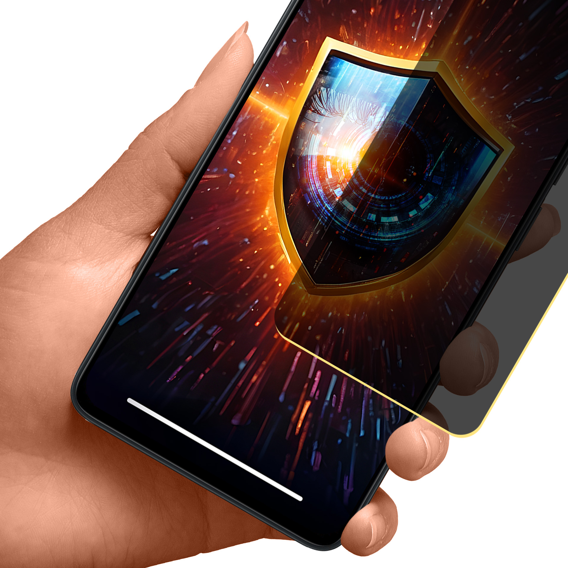 Mano che tiene uno smartphone con schermo che mostra un grafico a scudo. Lo sfondo ha luci arancioni e blu.
